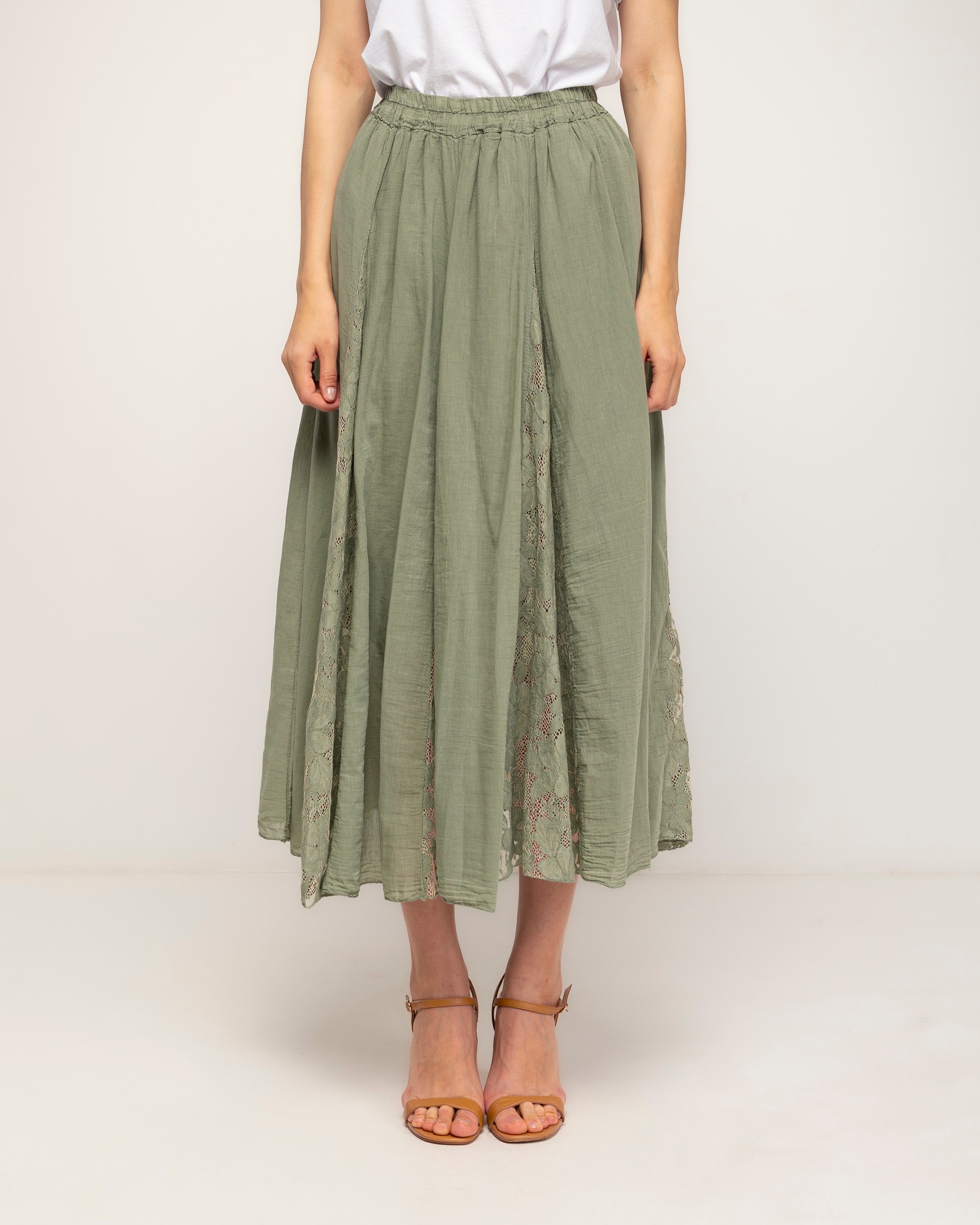 Falda 100% algodón de vuelo con detalles de encaje - Tantra - Verde militar Verde militar-2