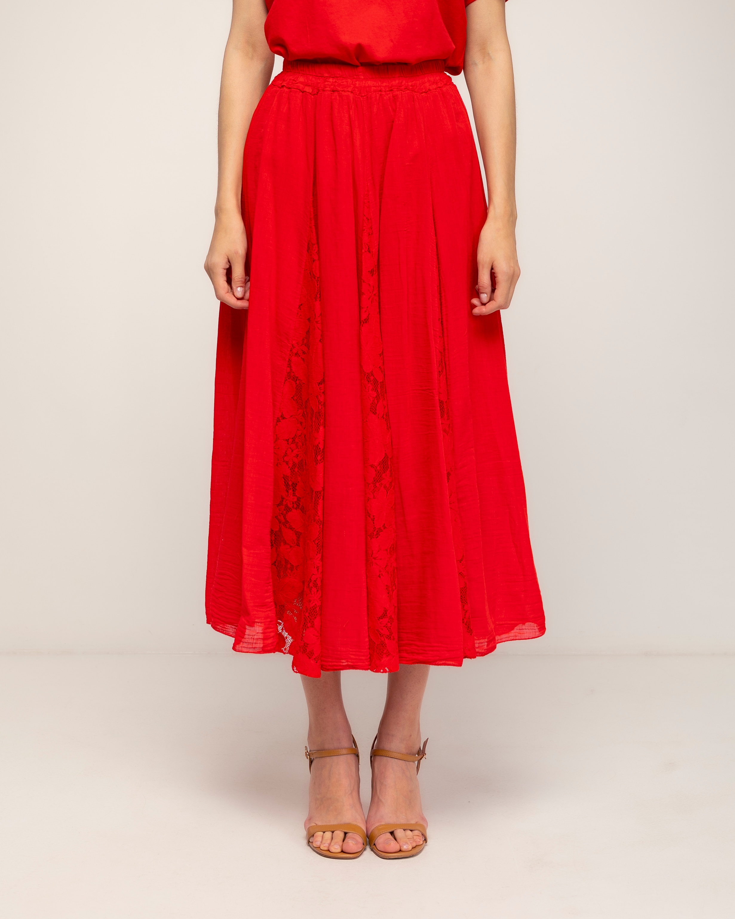 Falda 100% algodón de vuelo con detalles de encaje - Tantra - Rojo Rojo-2