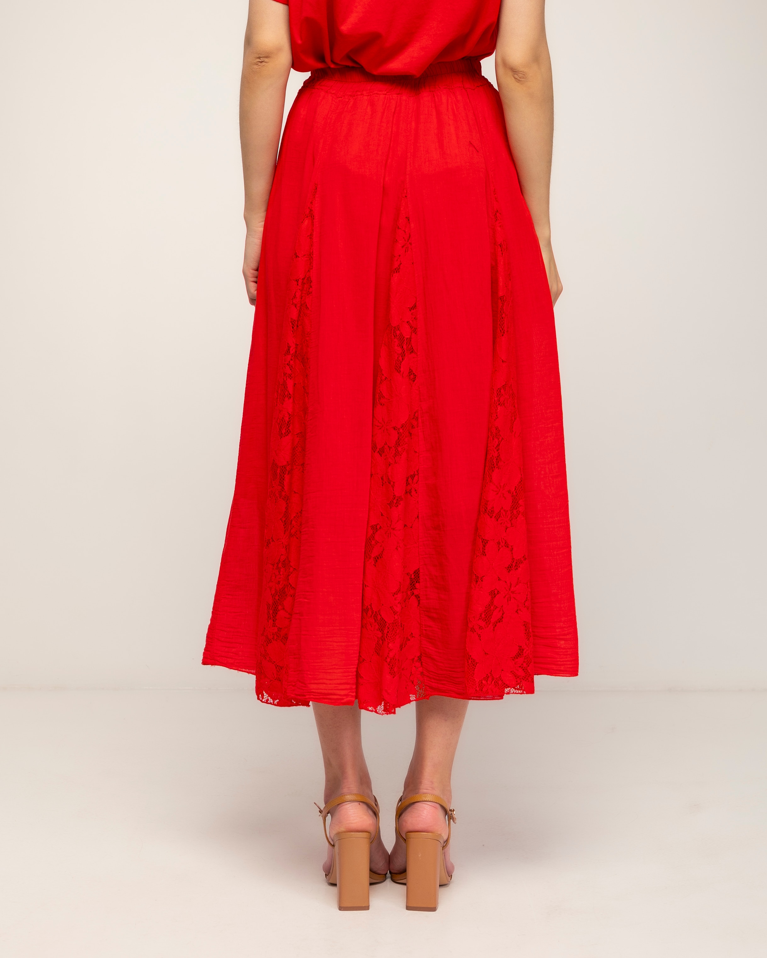 Falda 100% algodón de vuelo con detalles de encaje - Tantra - Rojo Rojo-3