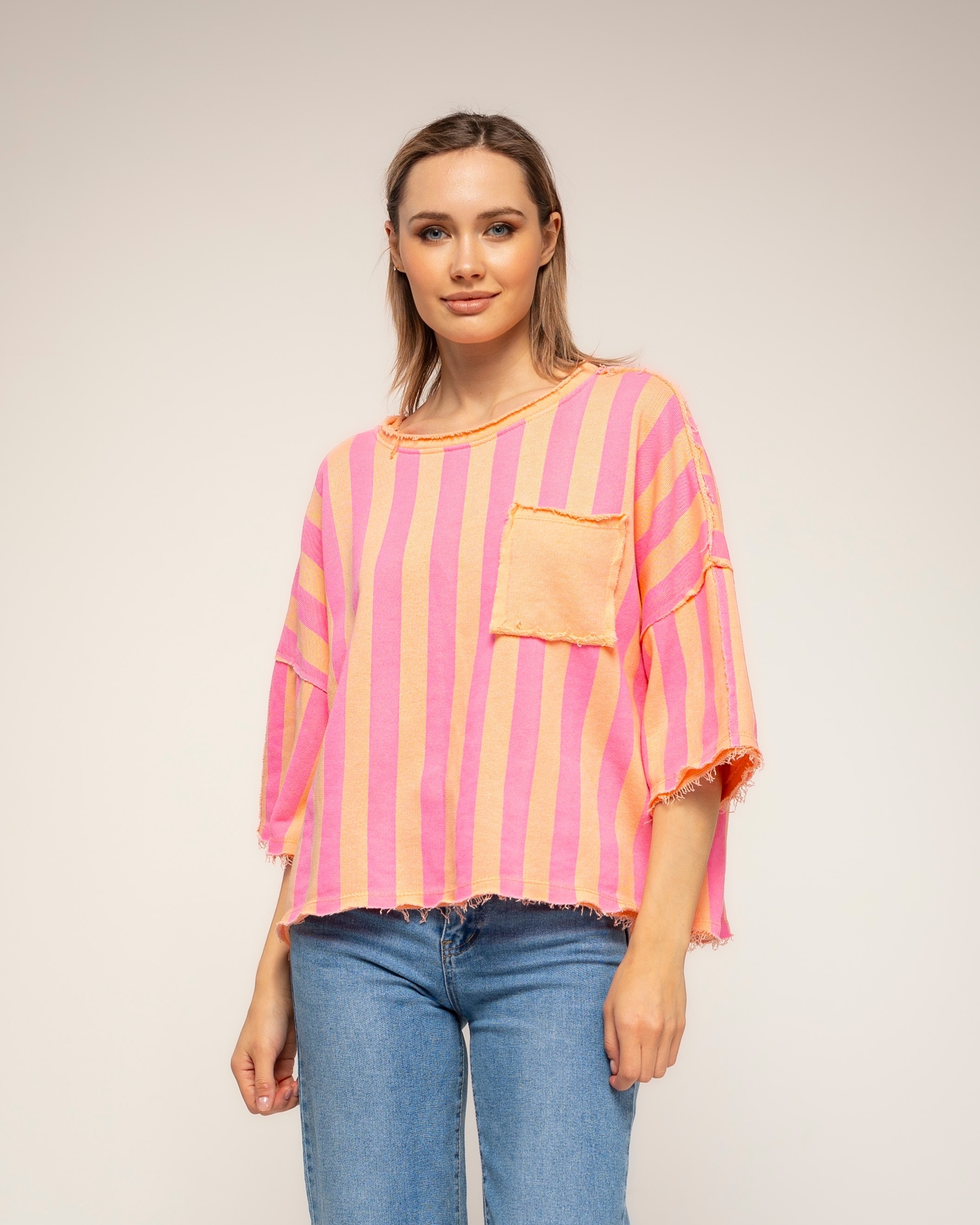 Camiseta de mujer 100% algodón de manga corta de rayas - Tantra - Naranja Naranja-1
