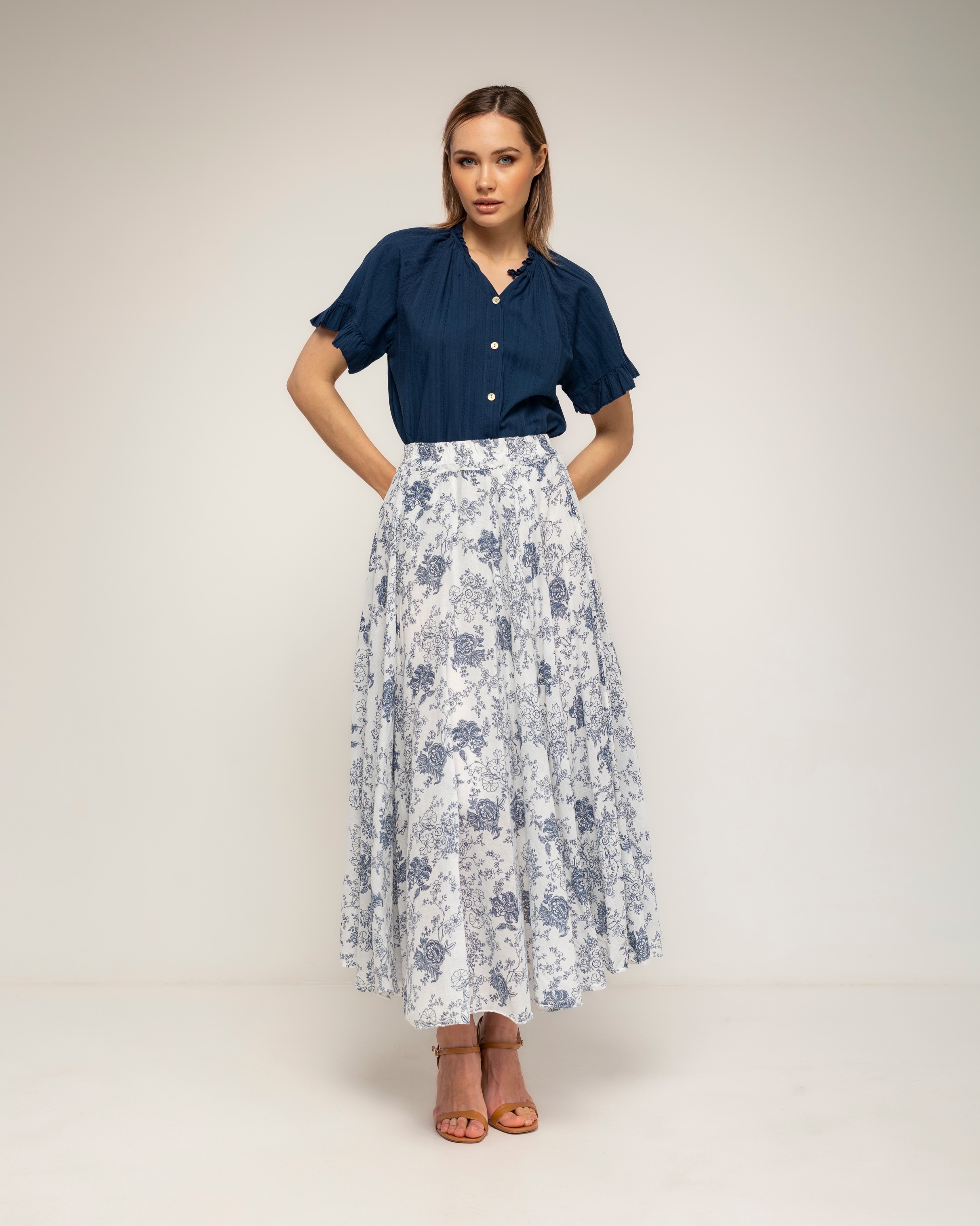 Falda larga 100% algodón, estampada de flores - Tantra - Azul marino Azul marino-1