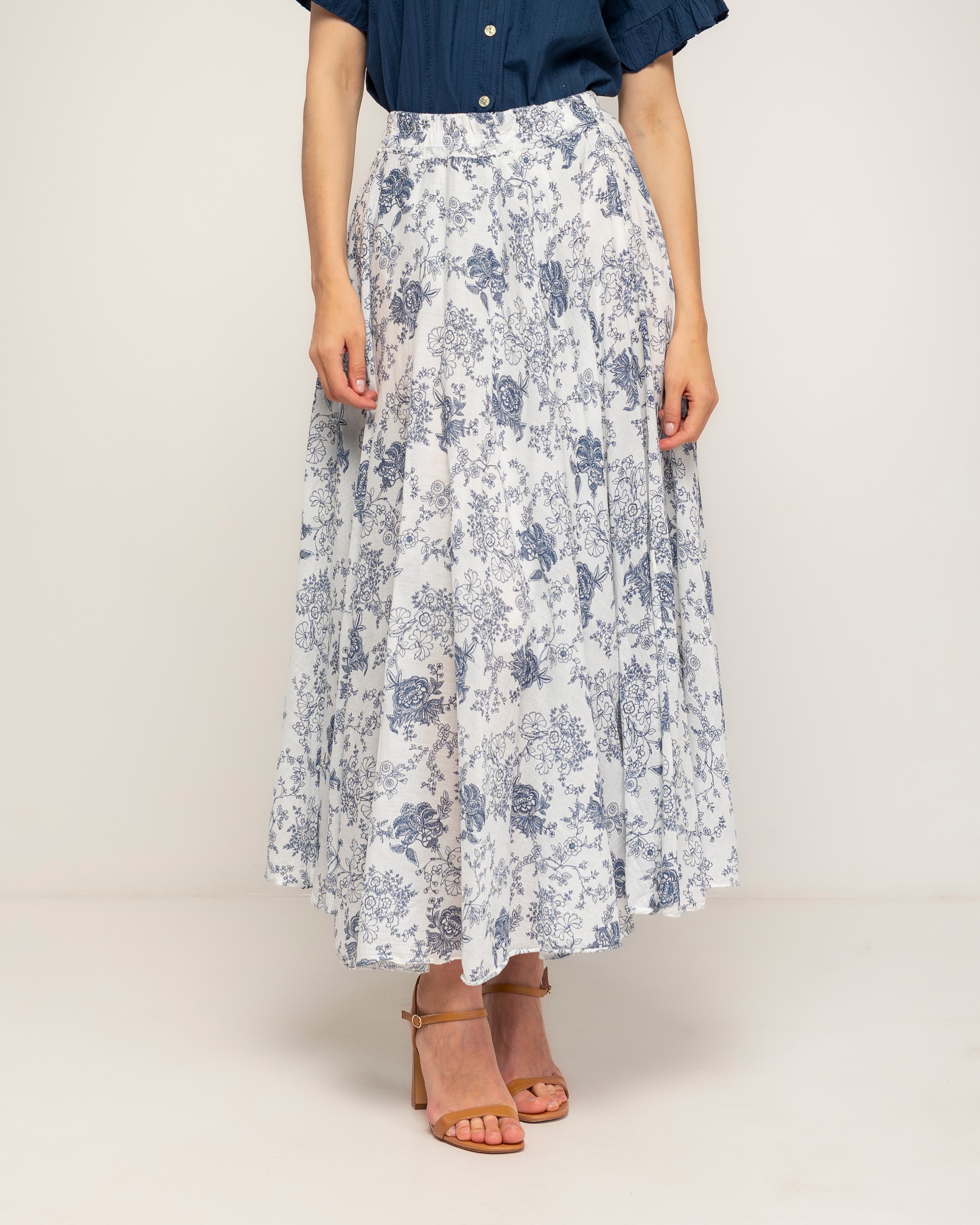 Falda larga 100% algodón, estampada de flores - Tantra - Azul marino Azul marino-2