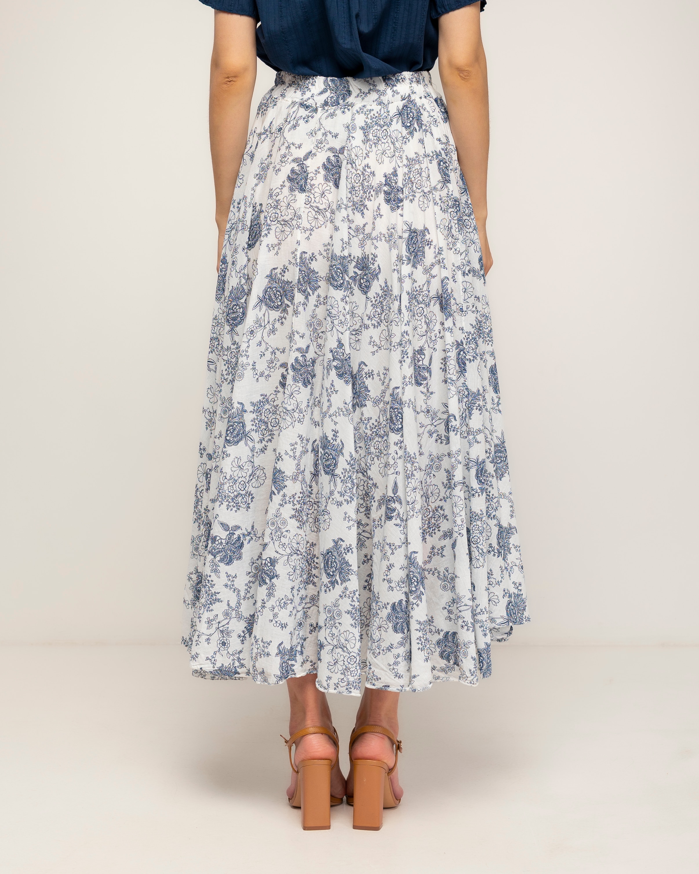 Falda larga 100% algodón, estampada de flores - Tantra - Azul marino Azul marino-3