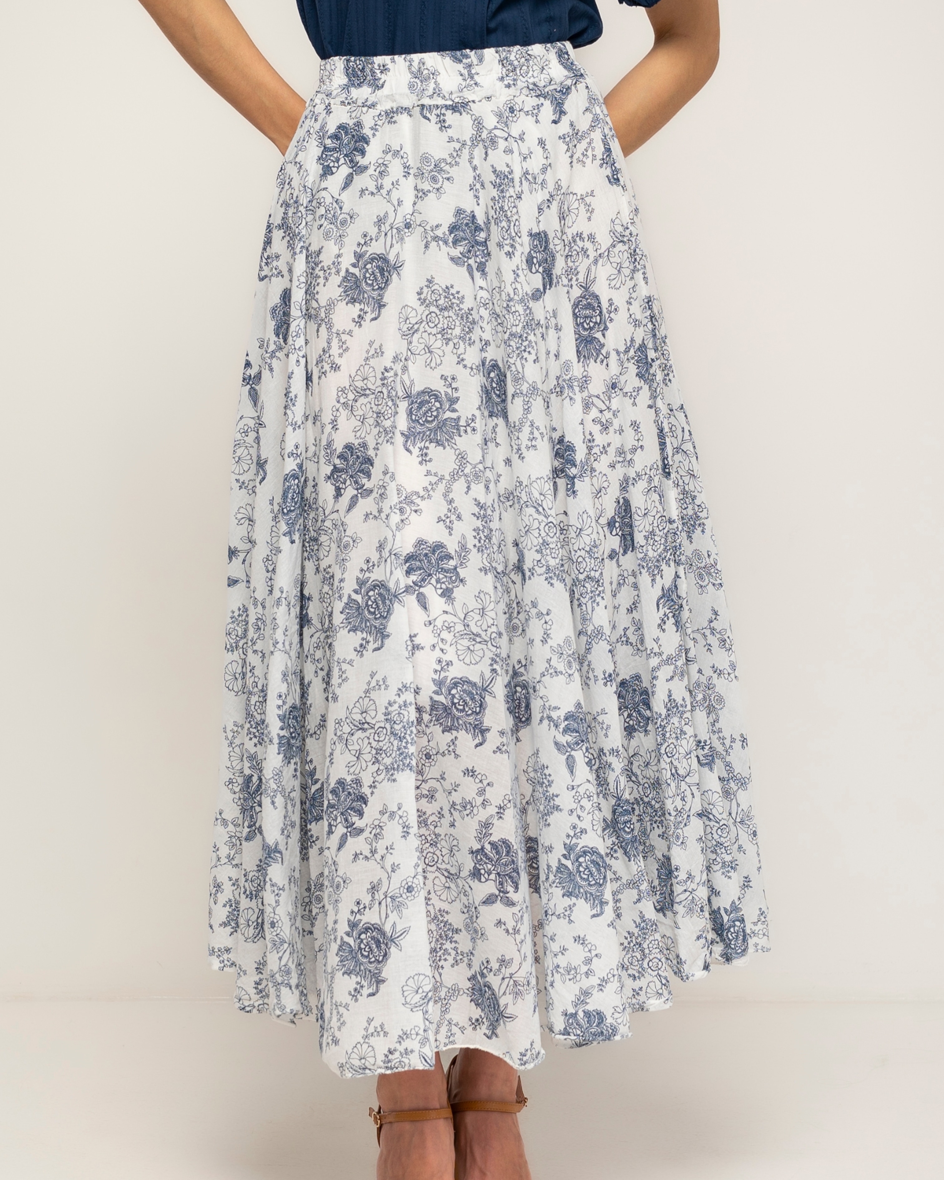 Falda larga 100% algodón, estampada de flores - Tantra - Azul marino Azul marino-4