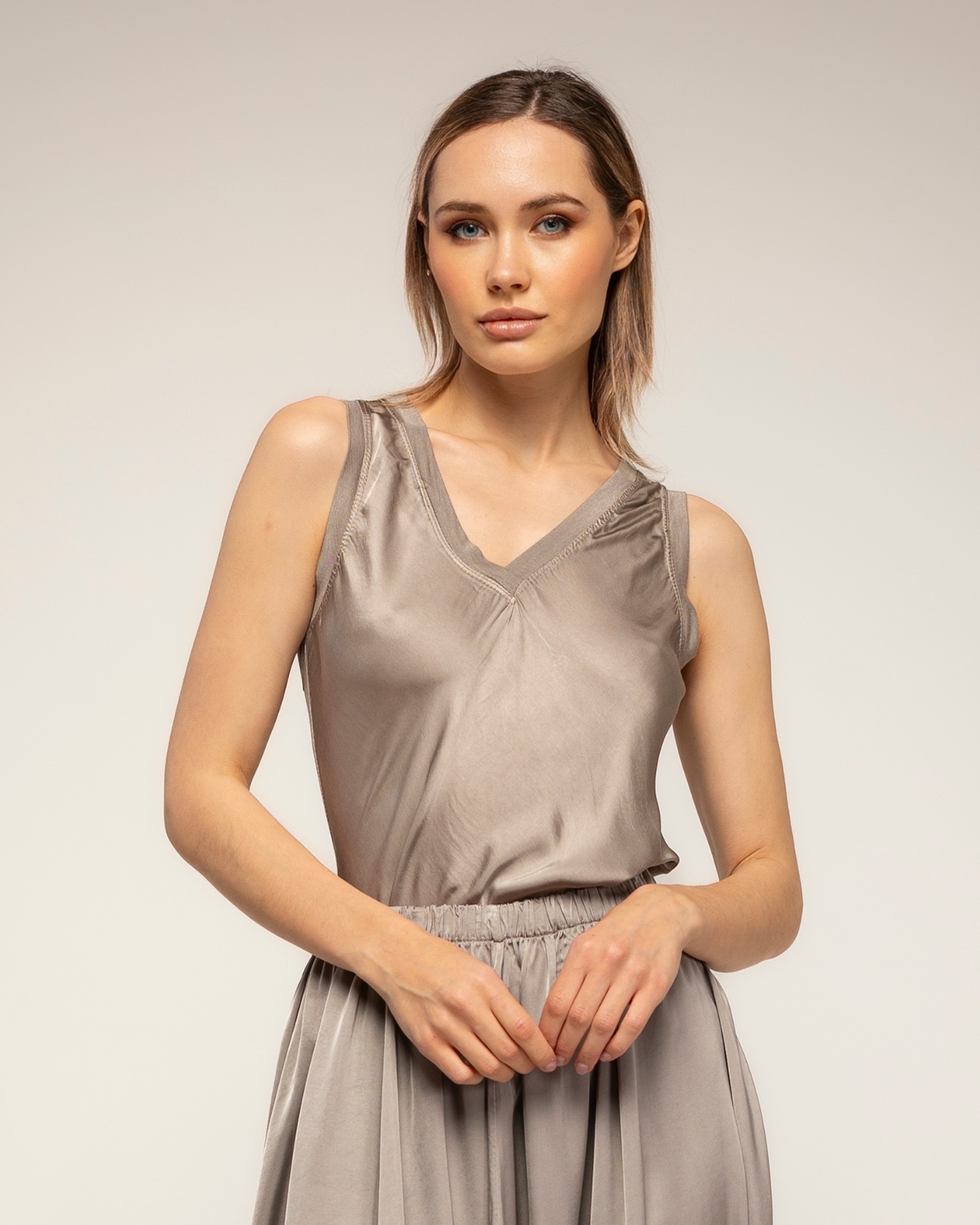 Top de mujer con seda con la parte de atrás de punto - Tantra - Beige Beige-3