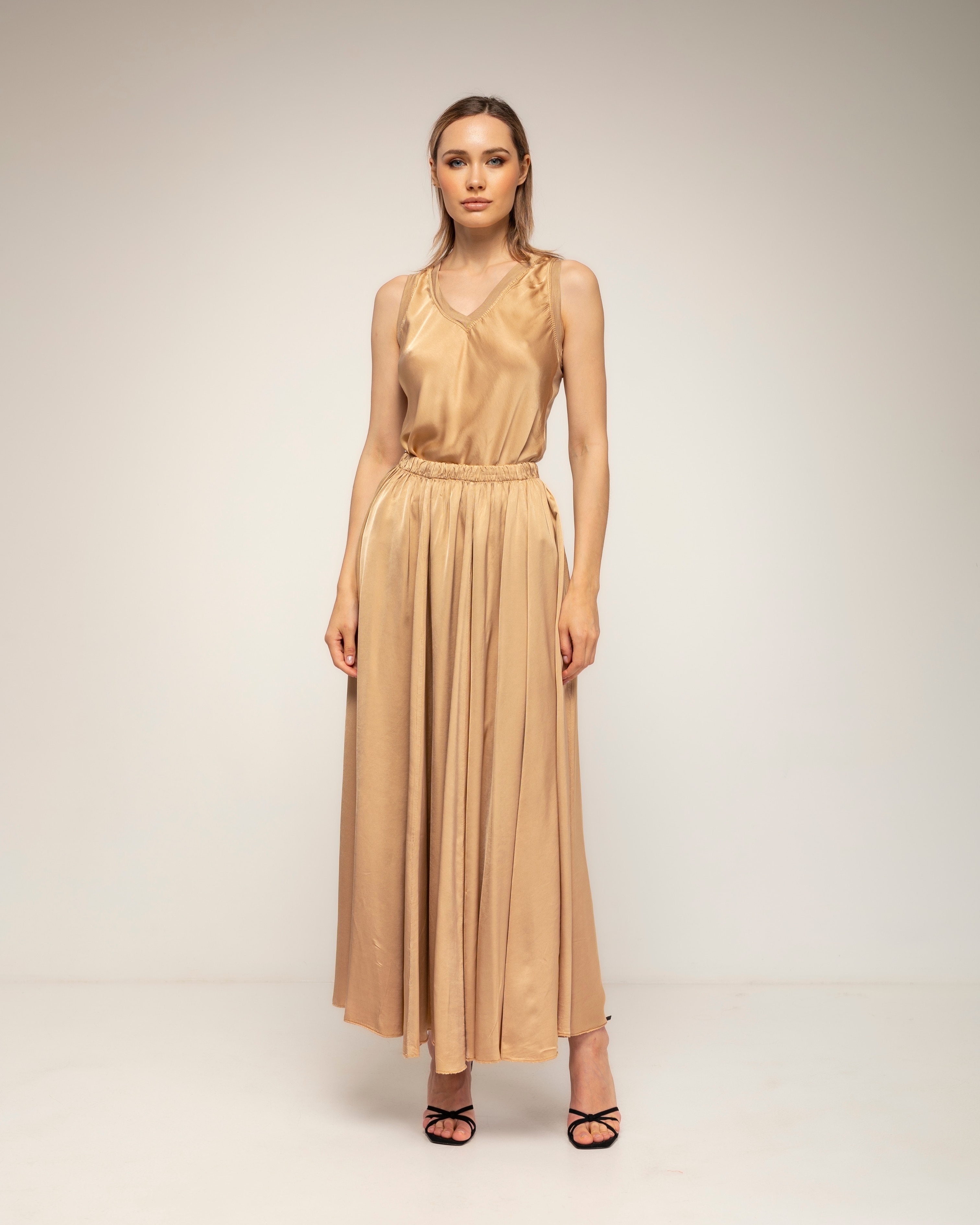 Top de mujer con seda con la parte de atrás de punto - Tantra - Camel Camel-4