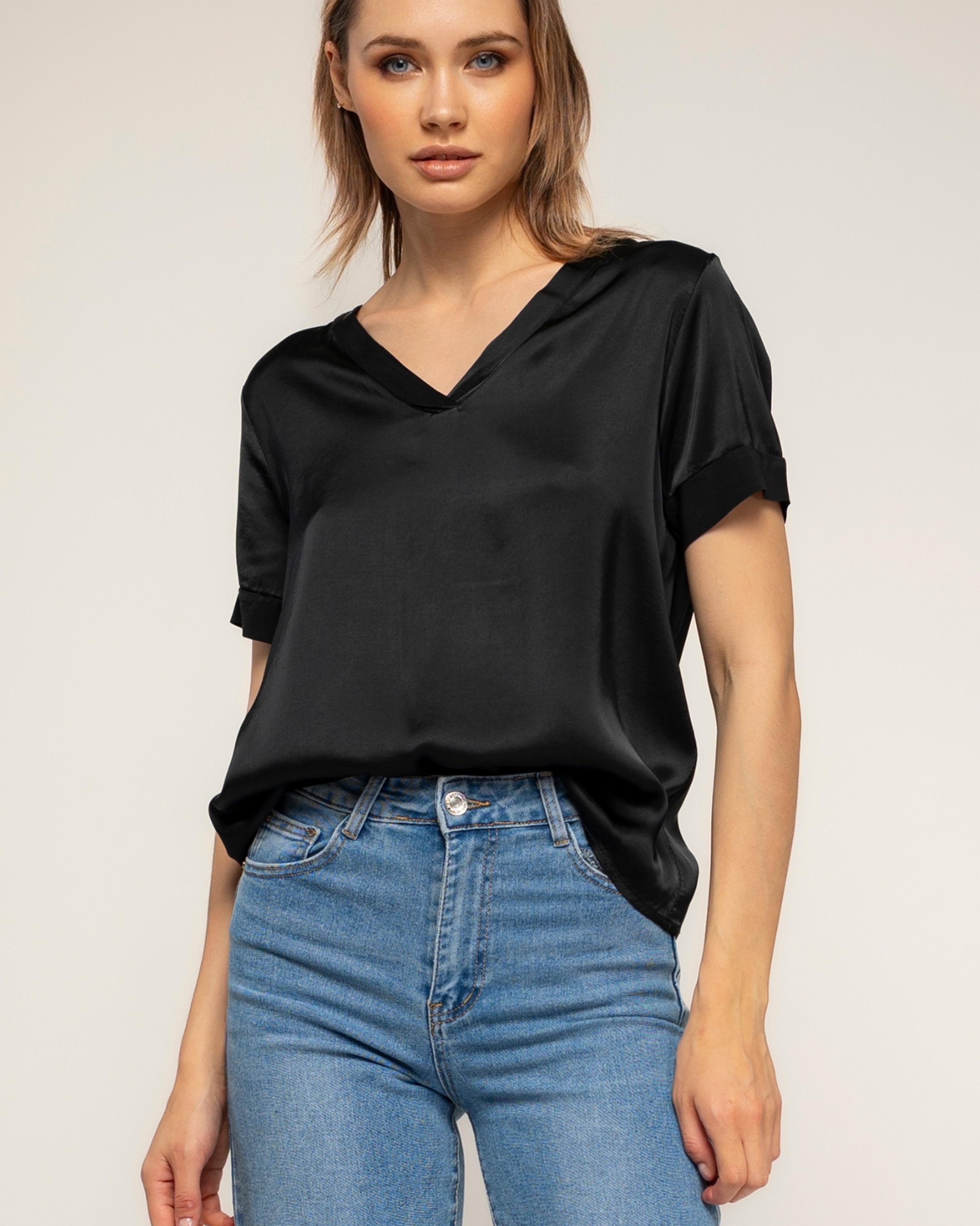 Top de mujer con seda con cuello pico - Tantra - Negro Negro-3
