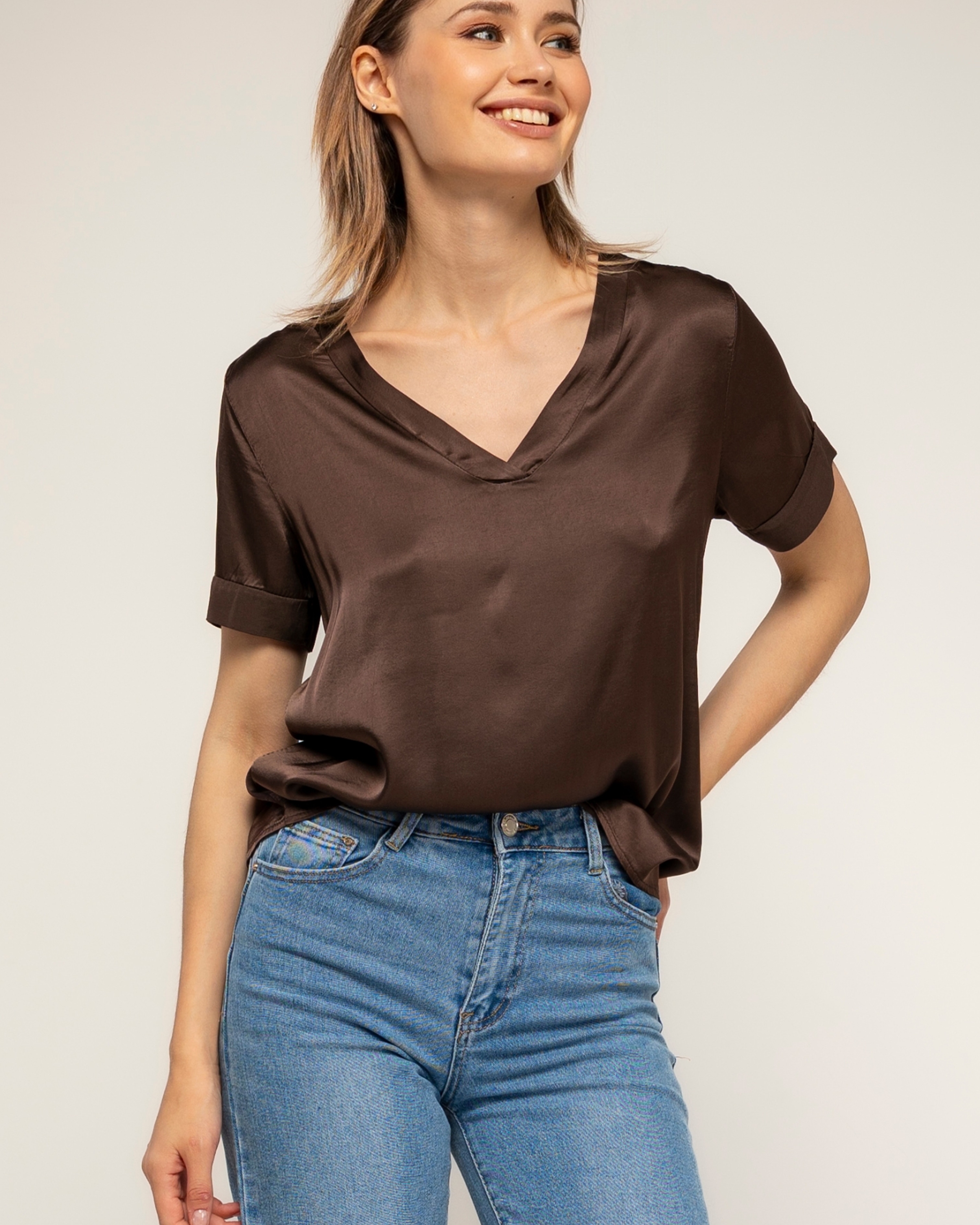 Top de mujer con seda con cuello pico - Tantra - Marrón Marrón-3