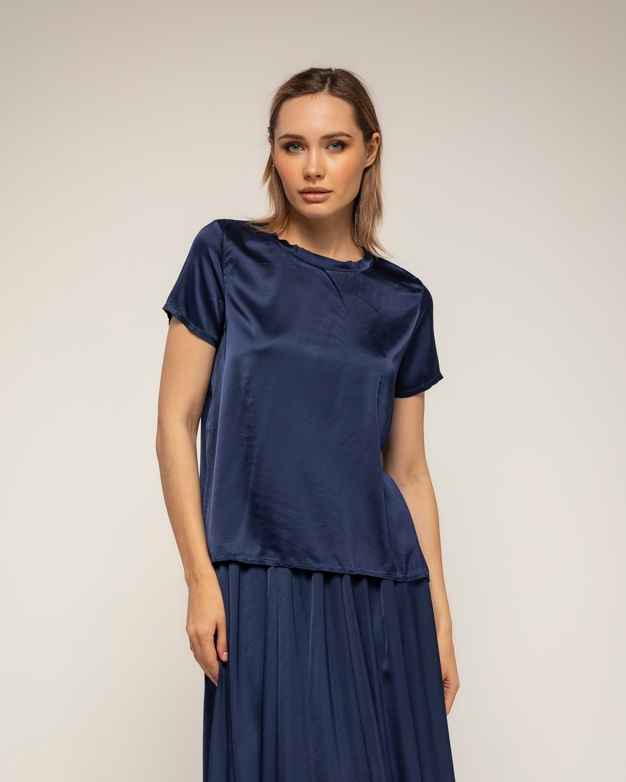 Top de mujer con seda con cuello redondo - Tantra - Azul marino Azul marino-1