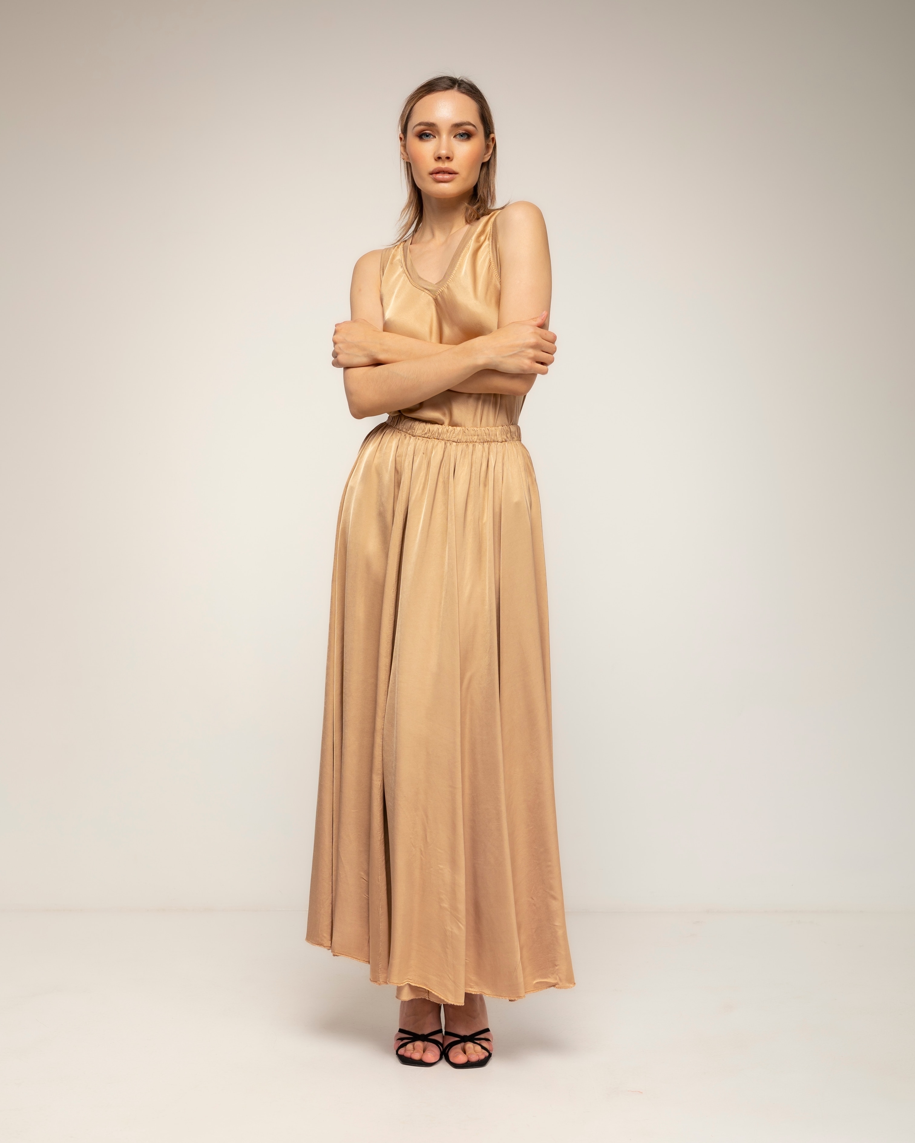 Falda larga con seda de vuelo con cintura elástica - Tantra - Camel Camel-1