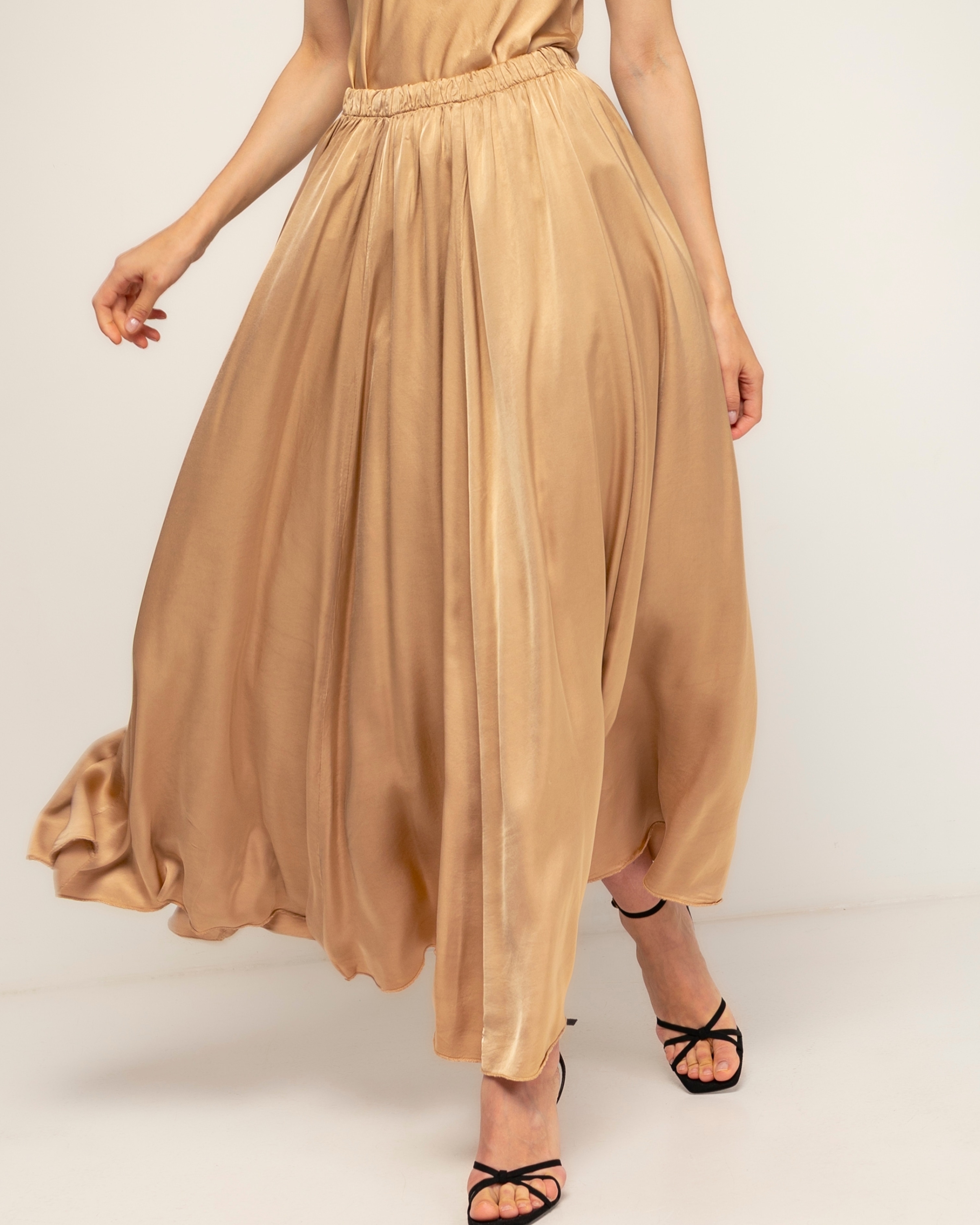Falda larga con seda de vuelo con cintura elástica - Tantra - Camel Camel-4