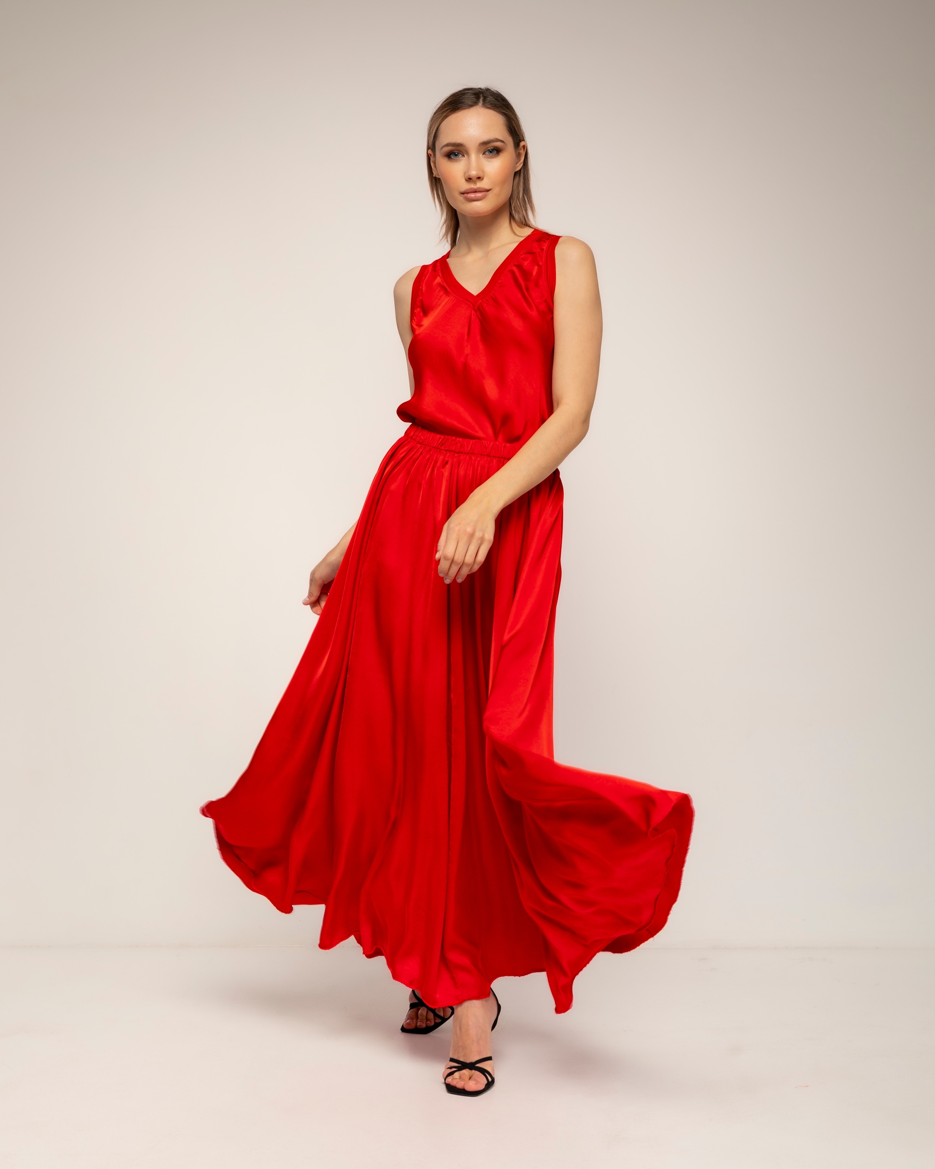 Falda larga con seda de vuelo con cintura elástica - Tantra - Rojo Rojo-1