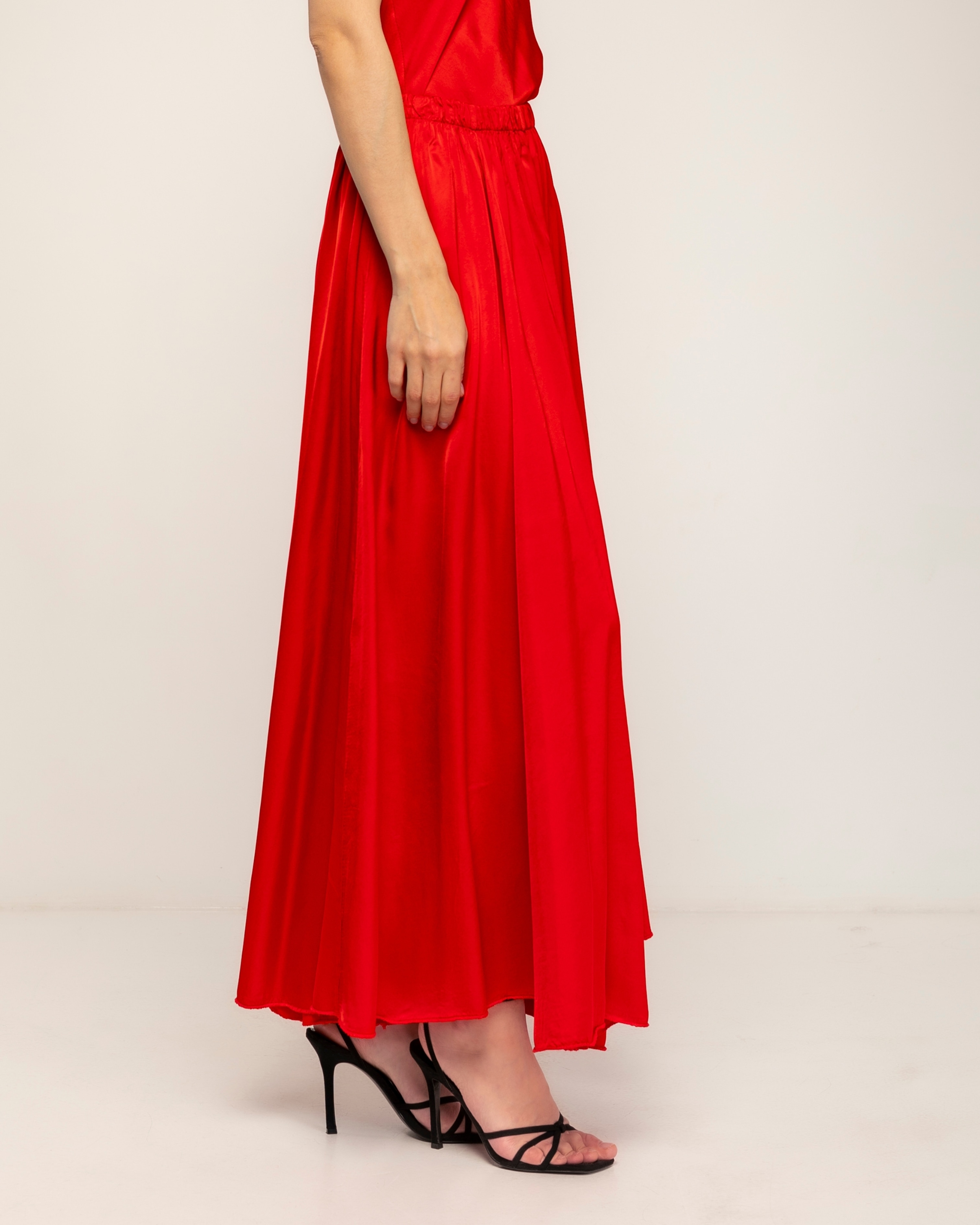 Falda larga con seda de vuelo con cintura elástica - Tantra - Rojo Rojo-4