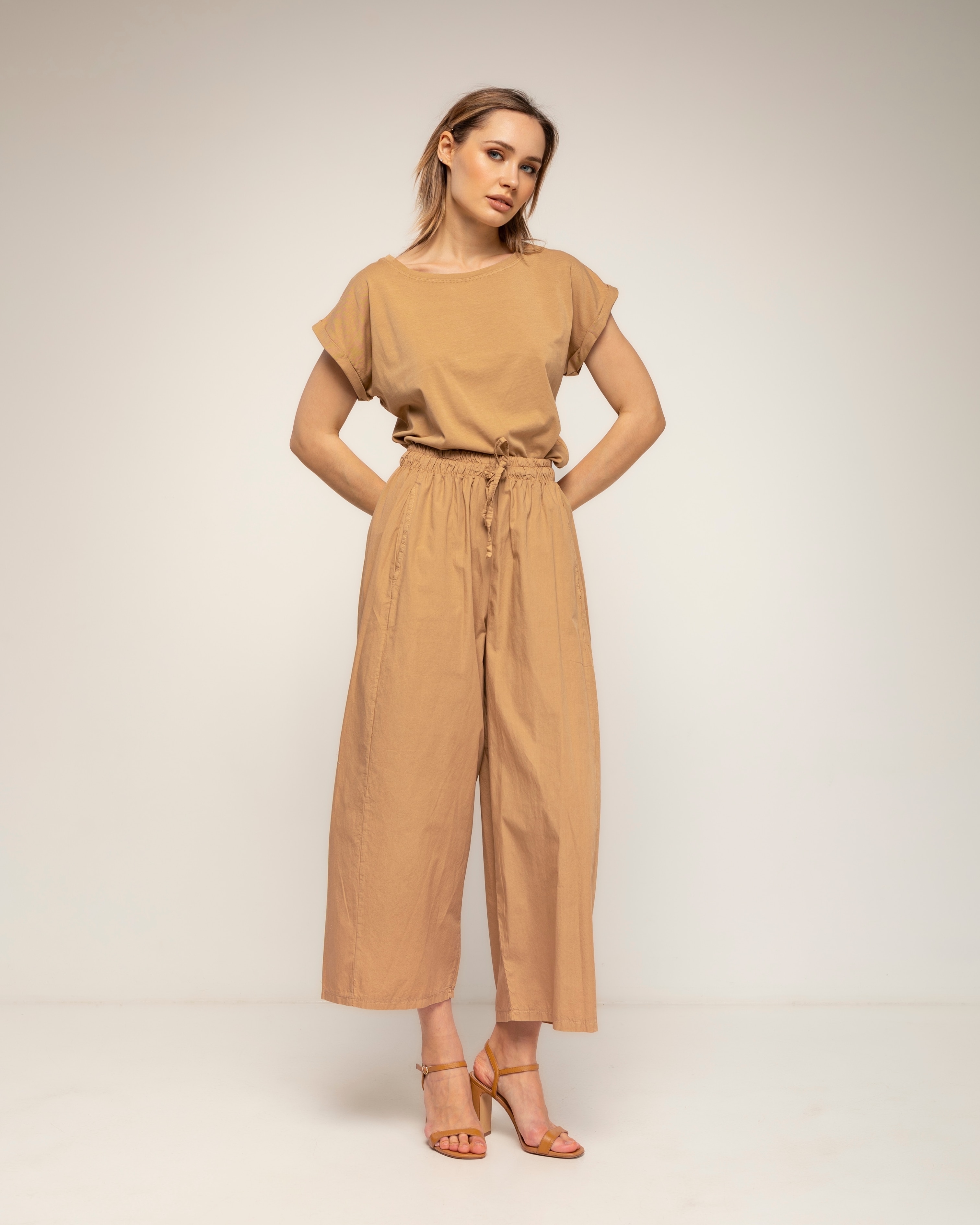 Pantalón de mujer 100% algodón, recto con bolsillos - Tantra - Camel Camel-1
