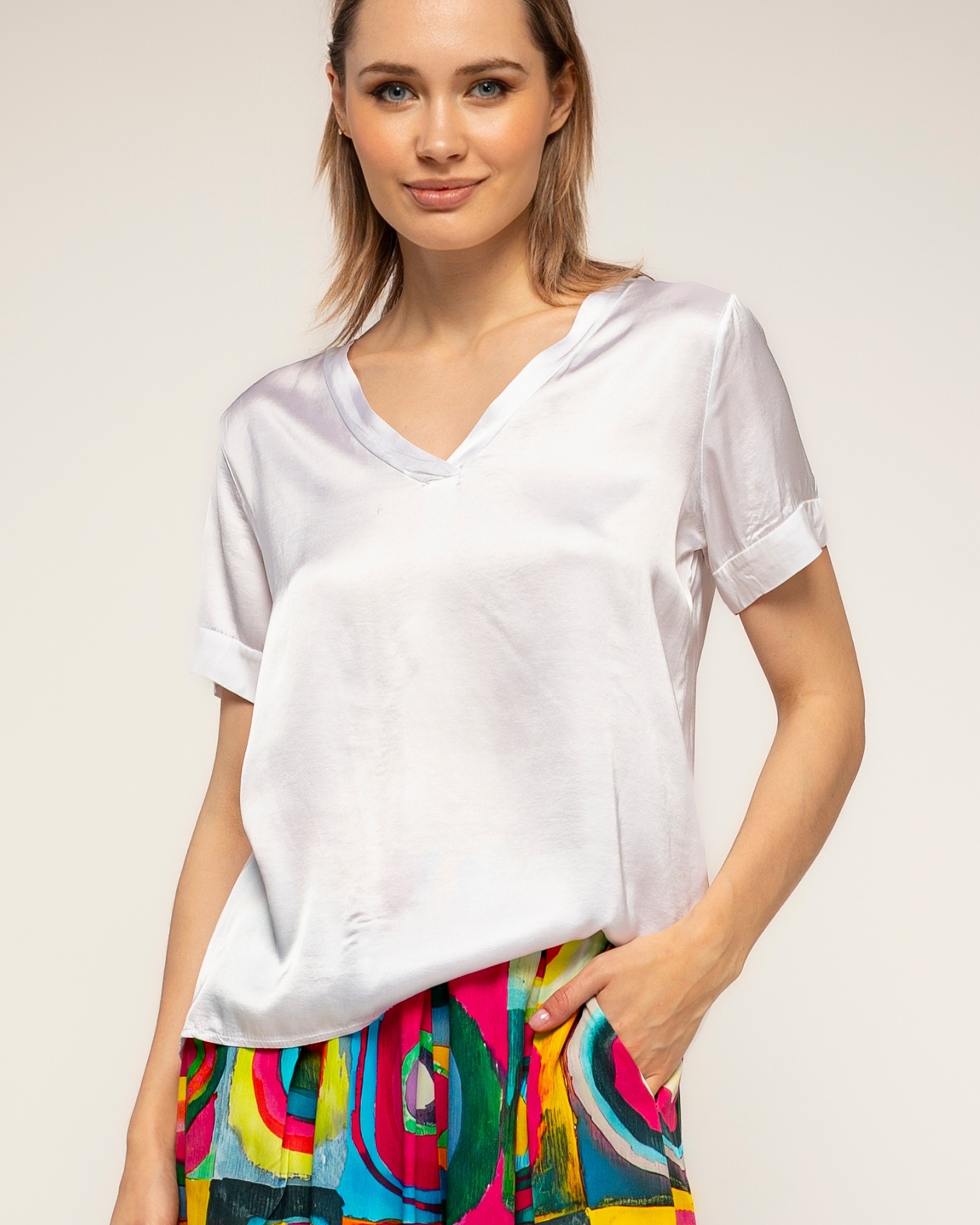 Top de mujer con seda con cuello pico - Tantra - Blanco Blanco-3