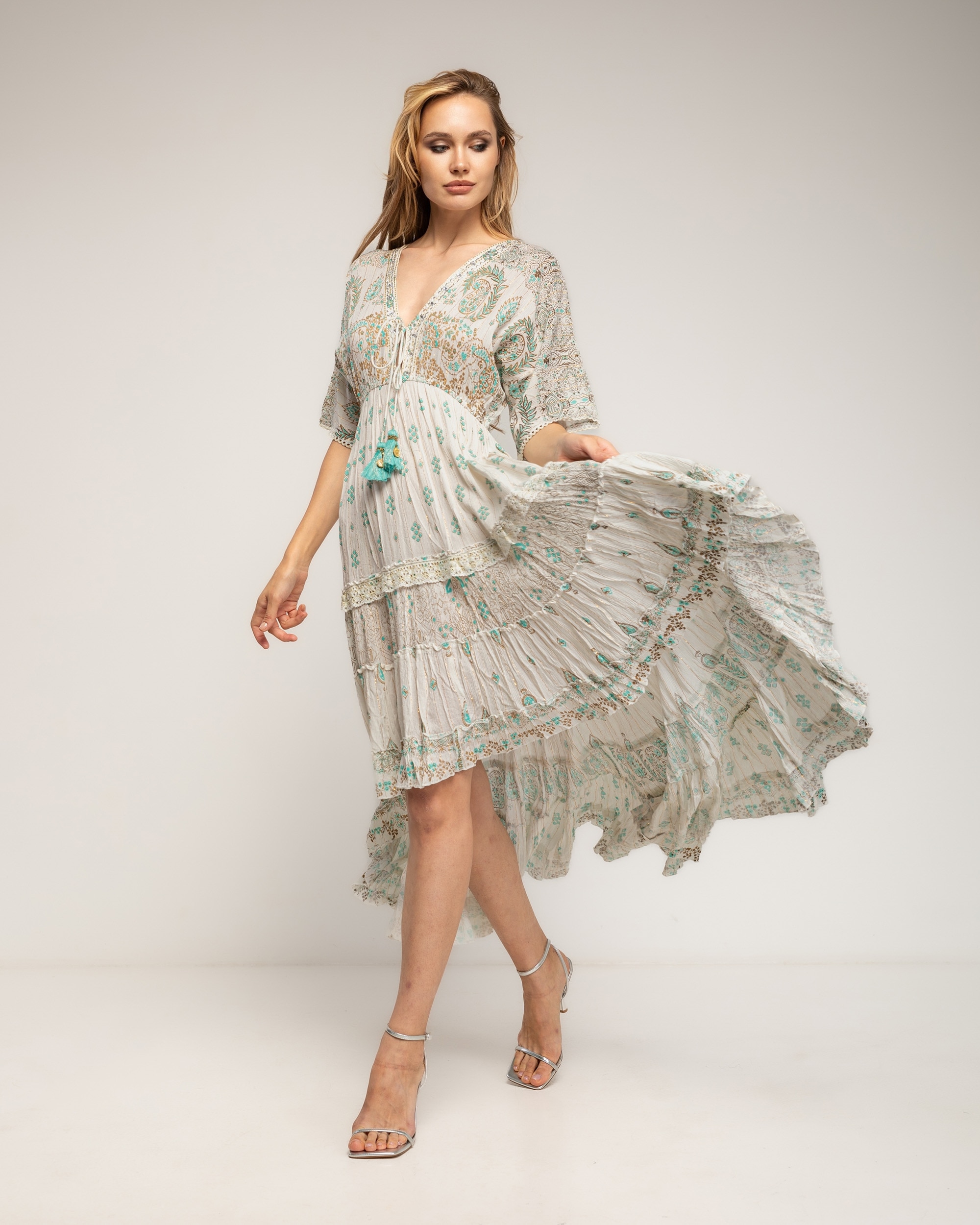 Vestido étnico con cuello pico y largo irregular - Tantra - Blanco Blanco-1