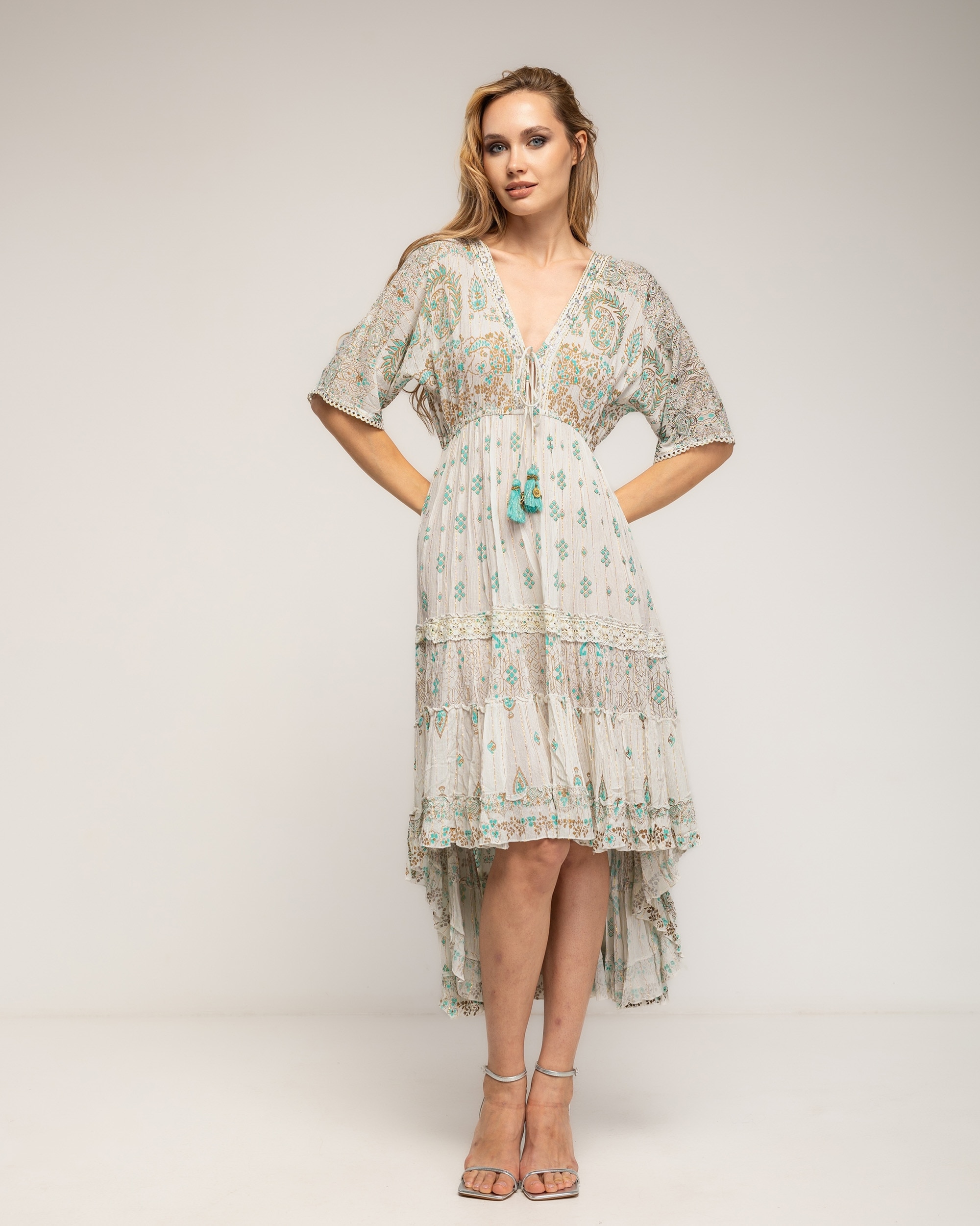 Vestido étnico con cuello pico y largo irregular - Tantra - Blanco Blanco-2
