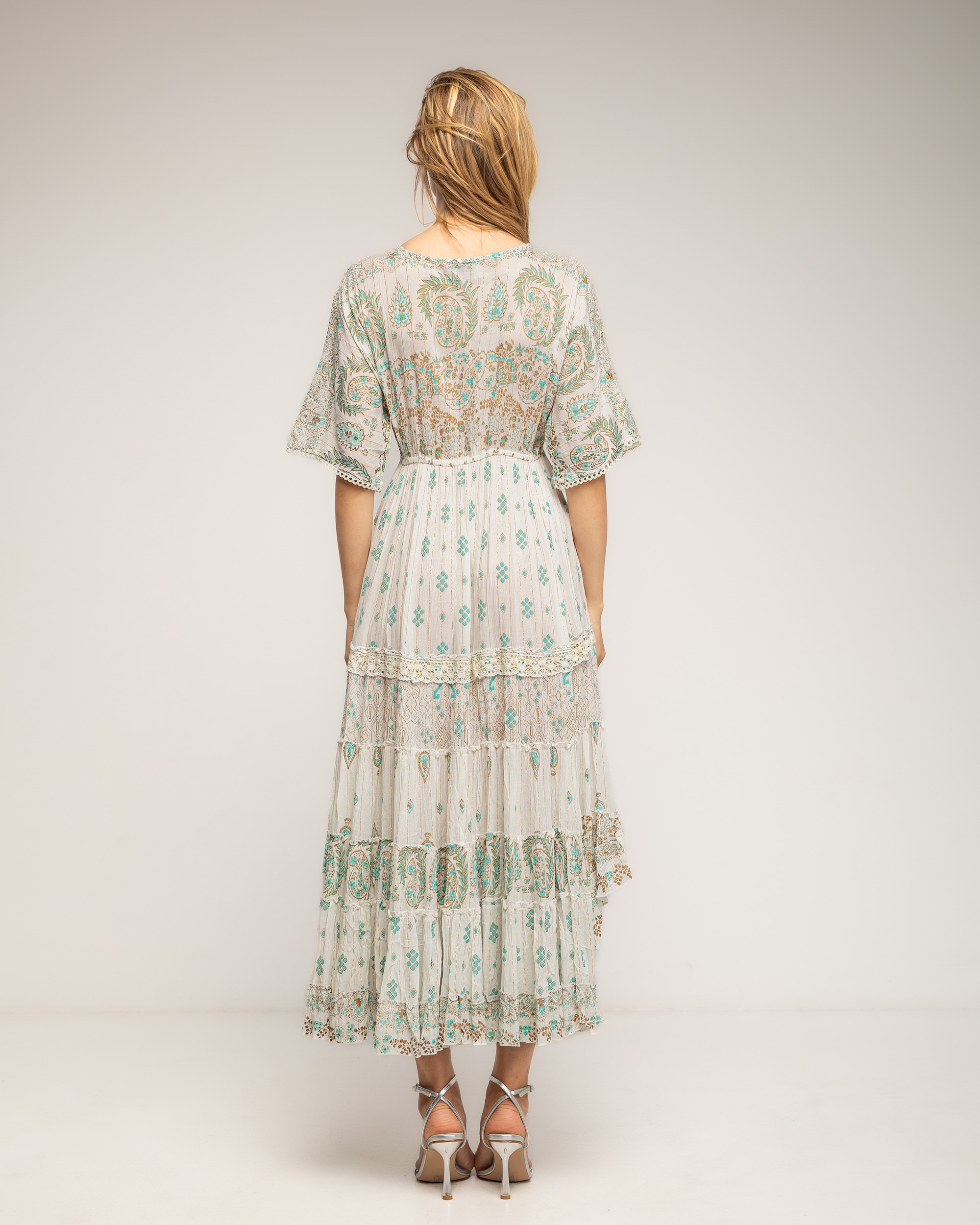 Vestido étnico con cuello pico y largo irregular - Tantra - Blanco Blanco-3