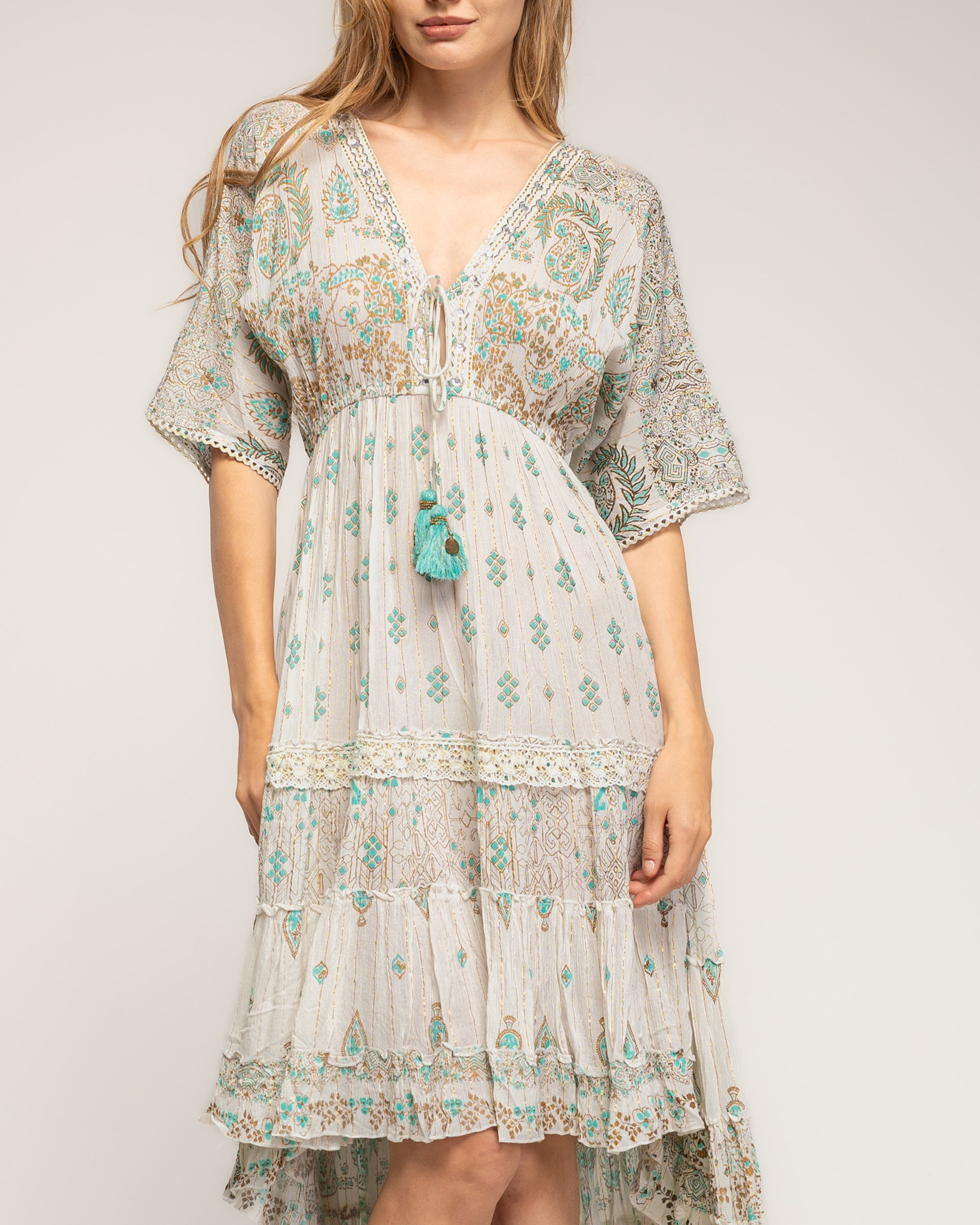 Vestido étnico con cuello pico y largo irregular - Tantra - Blanco Blanco-4