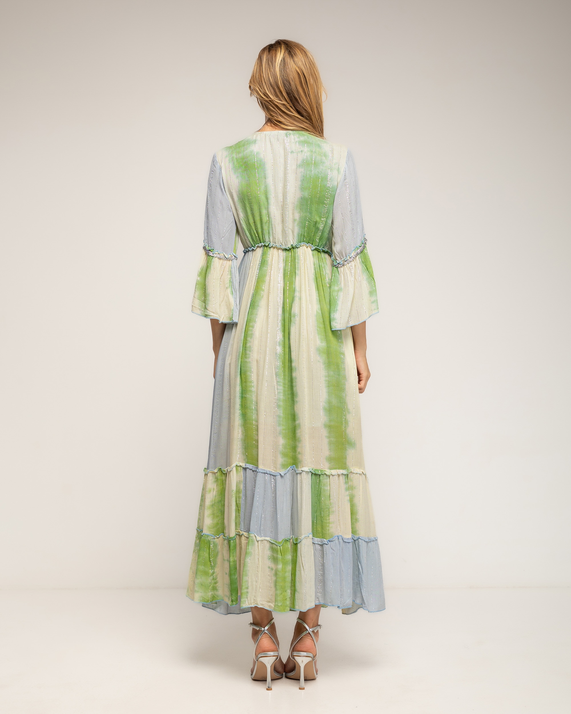 Vestido largo tye dye con bordados étnicos y bordados fluor - Tantra - Azul Azul-3