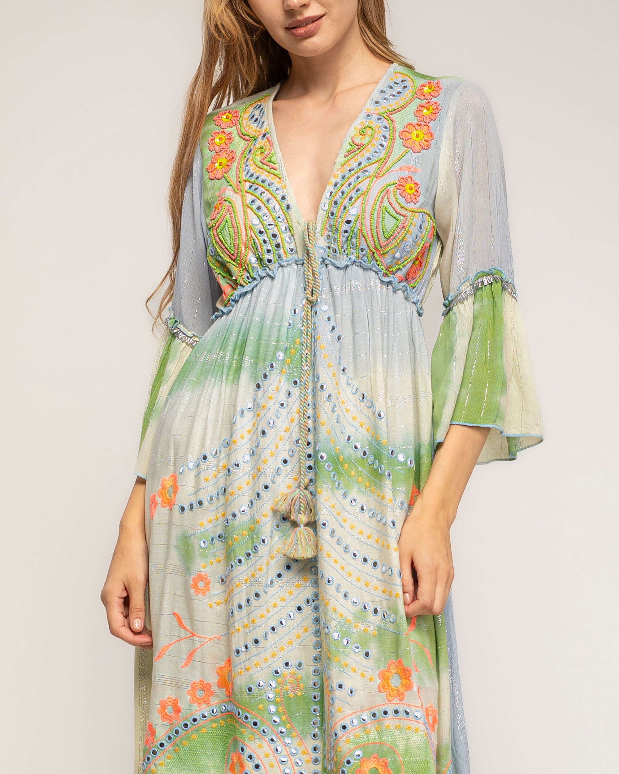 Vestido largo tye dye con bordados étnicos y bordados fluor - Tantra - Azul Azul-4