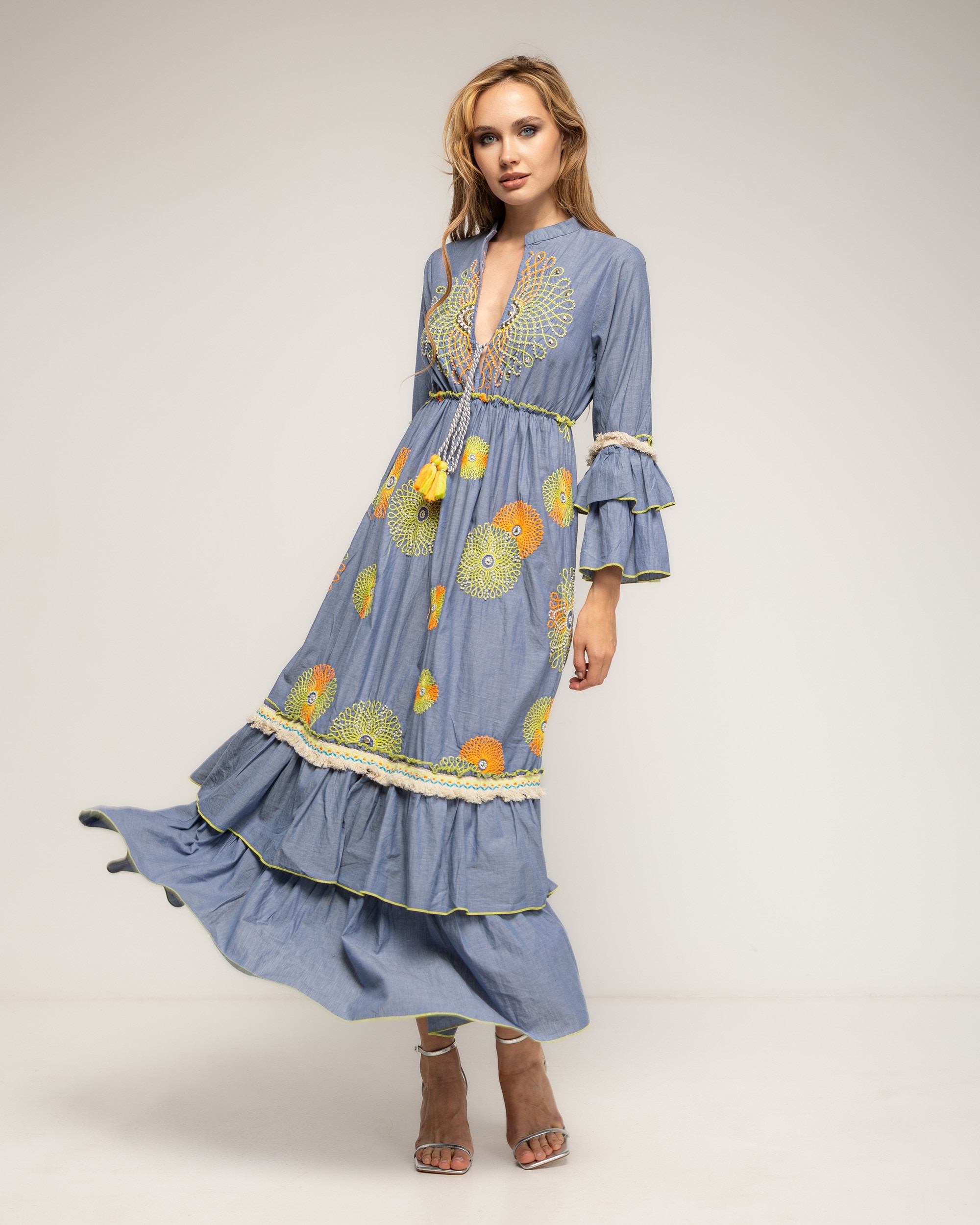 Vestido largo 100% algodón con bordados fluor y lentejuelas - Tantra - Azul Azul-1