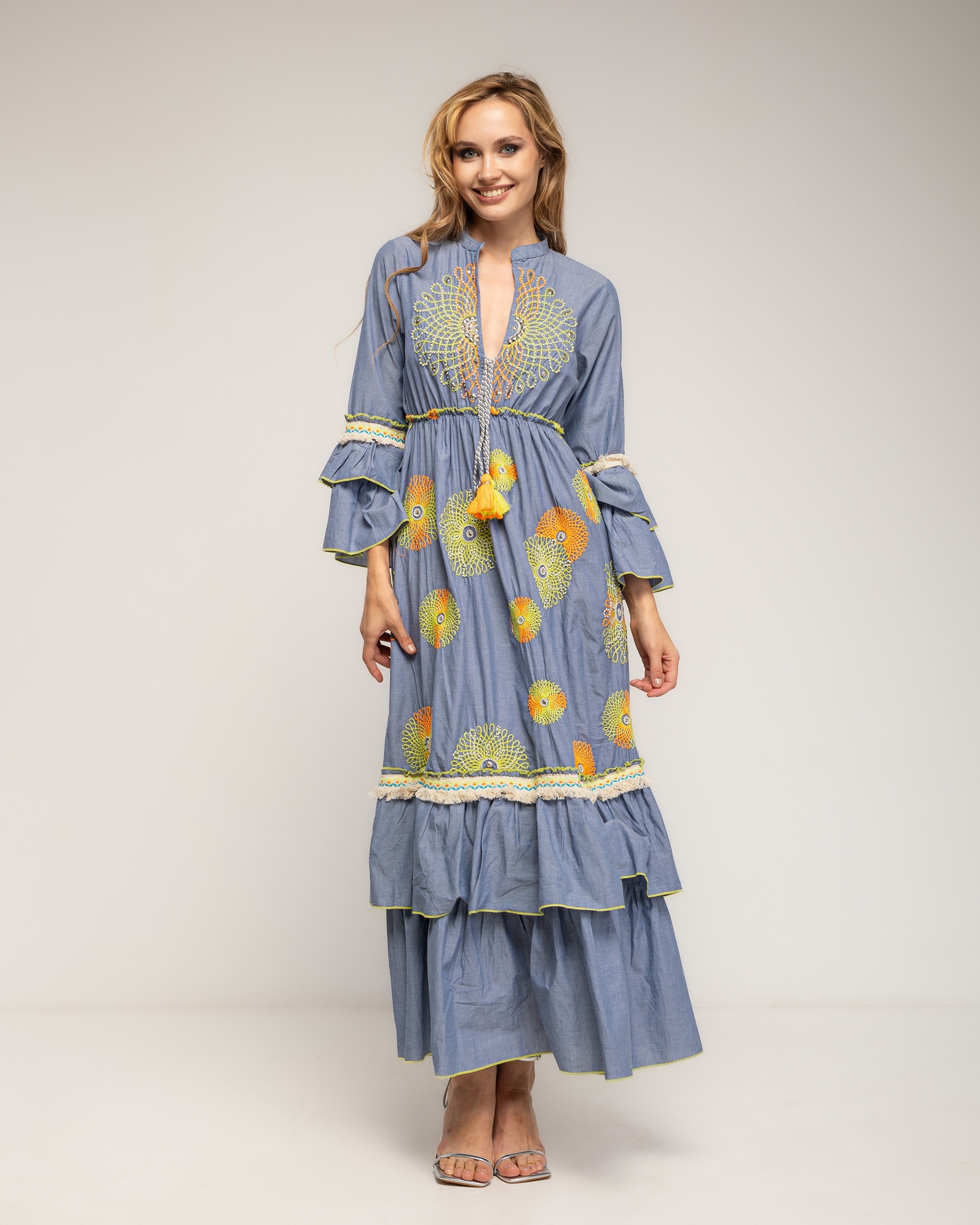 Vestido largo 100% algodón con bordados fluor y lentejuelas - Tantra - Azul Azul-2