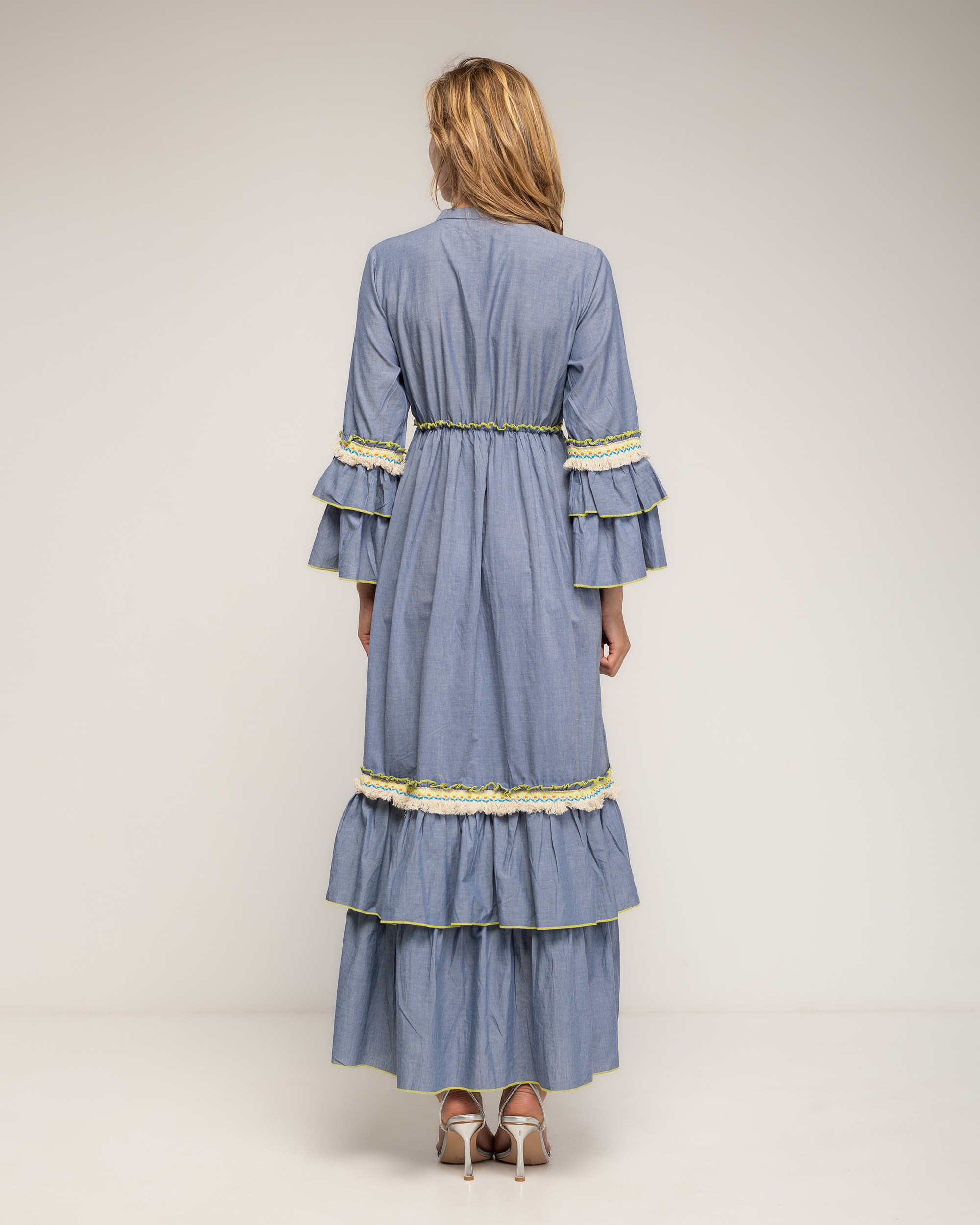 Vestido largo 100% algodón con bordados fluor y lentejuelas - Tantra - Azul Azul-3