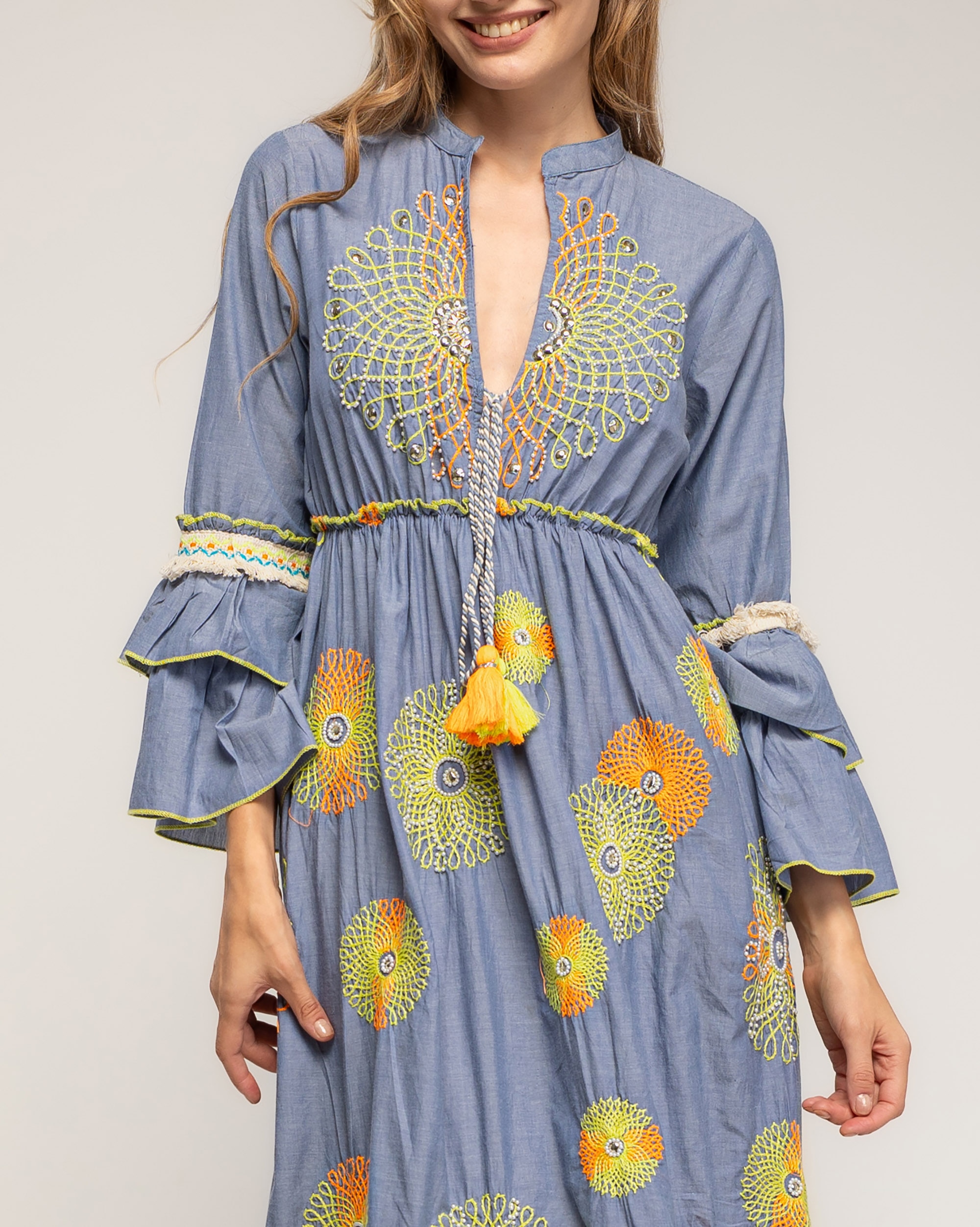 Vestido largo 100% algodón con bordados fluor y lentejuelas - Tantra - Azul Azul-4