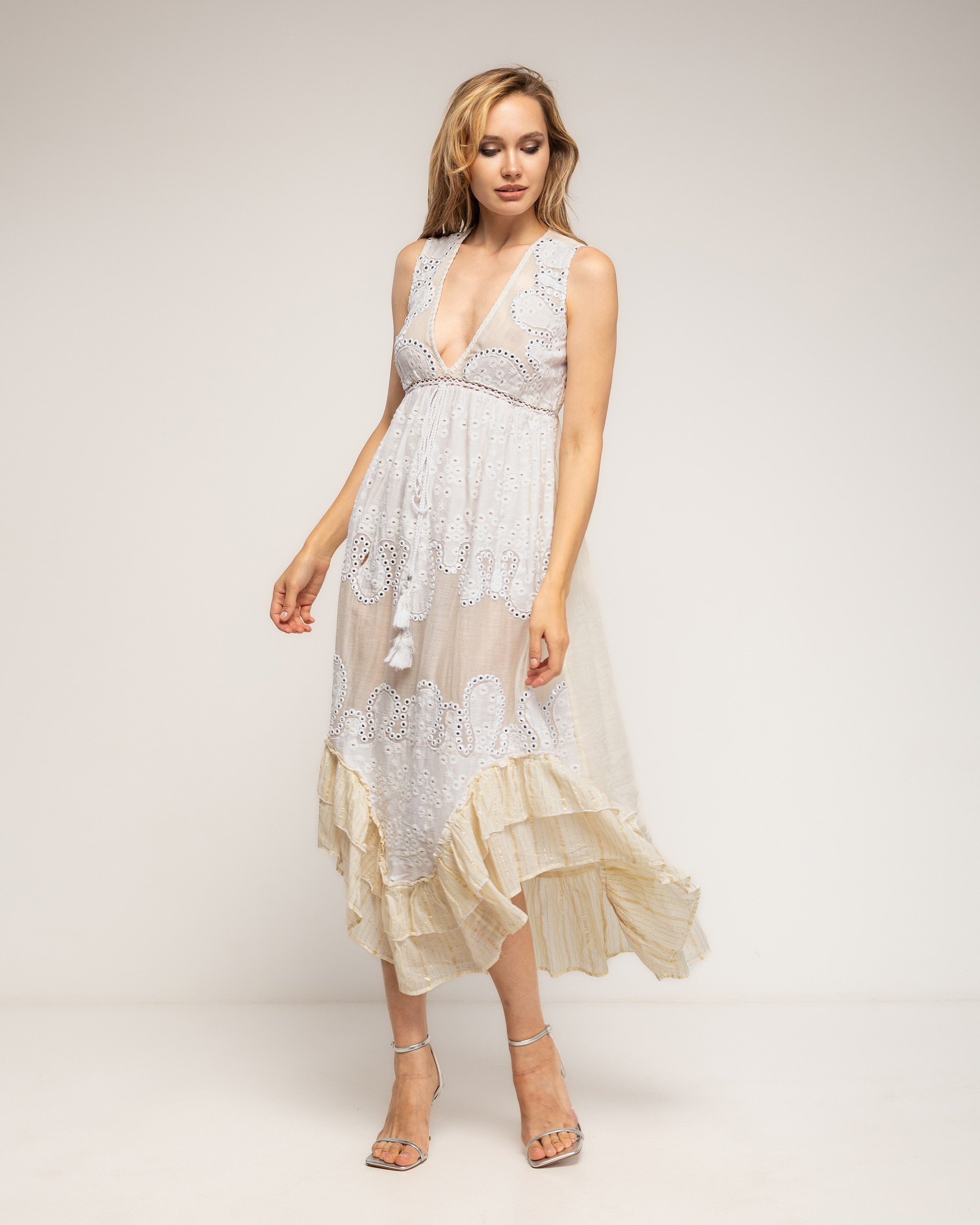 Vestido sin mangas 100% algodón con bordados - Tantra - Crudo Crudo-2