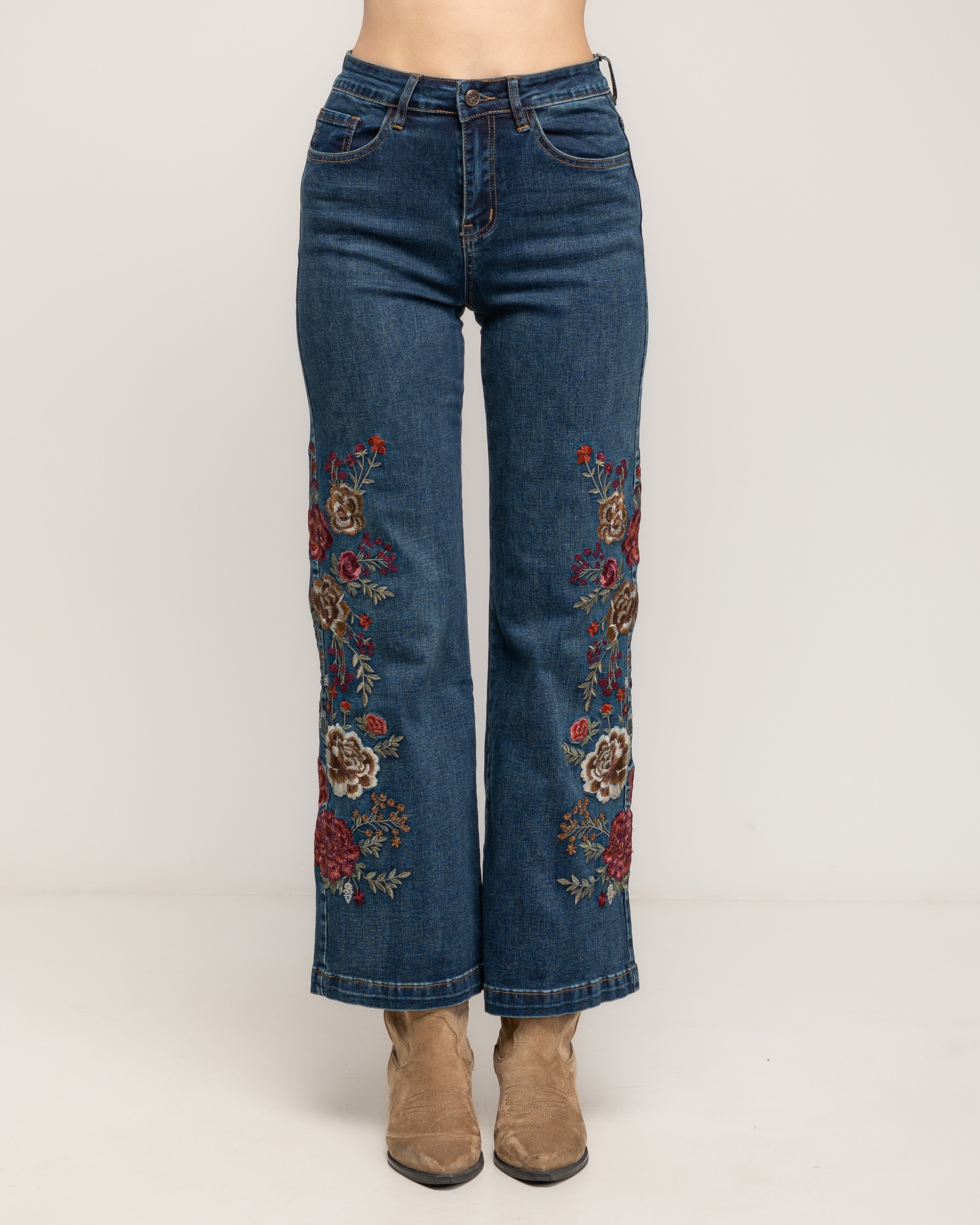 Jeans rectos de mujer de tiro alto con bordados de flores en los laterales - Tantra - Azul denim Azul denim-2