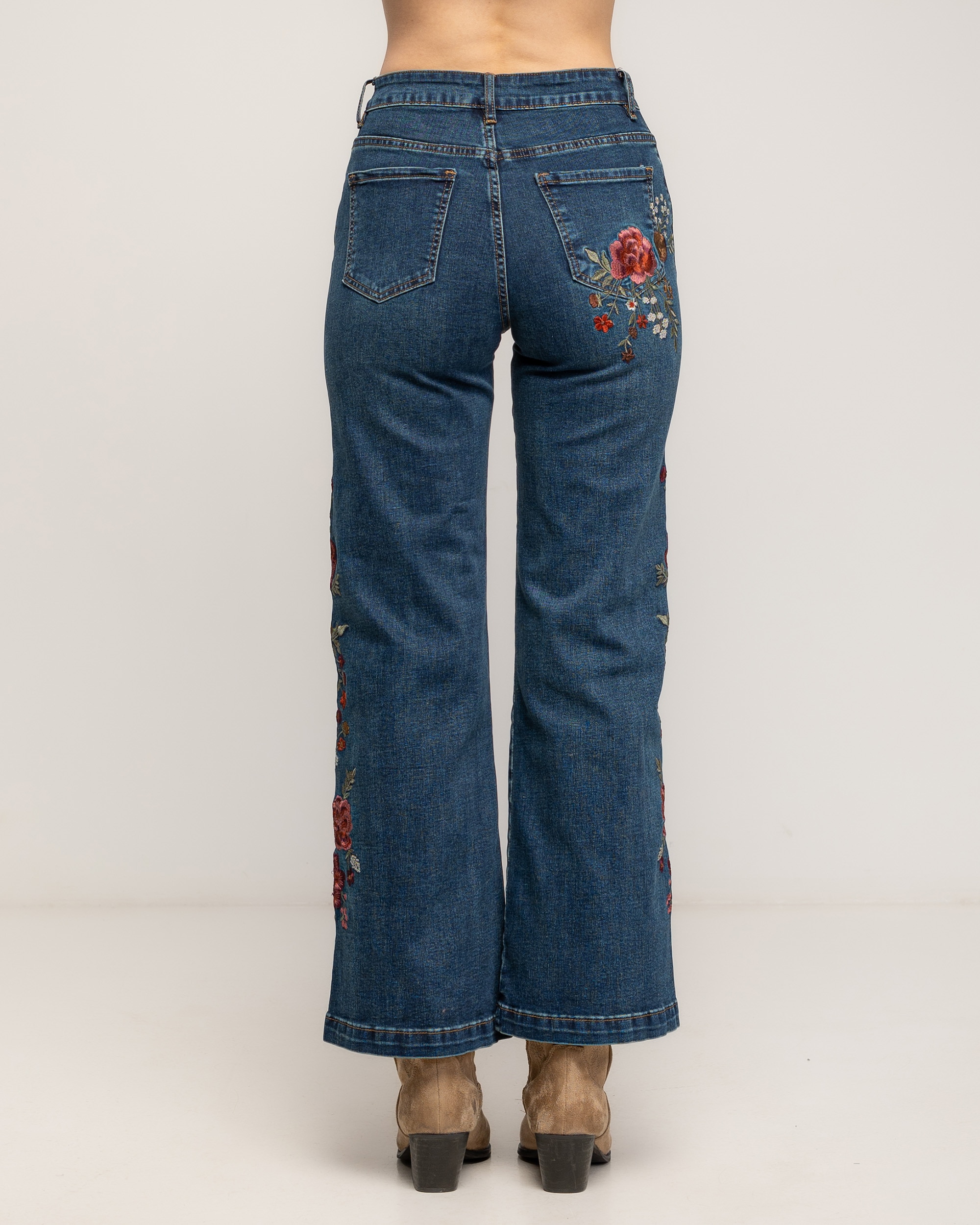 Jeans rectos de mujer de tiro alto con bordados de flores en los laterales - Tantra - Azul denim Azul denim-3