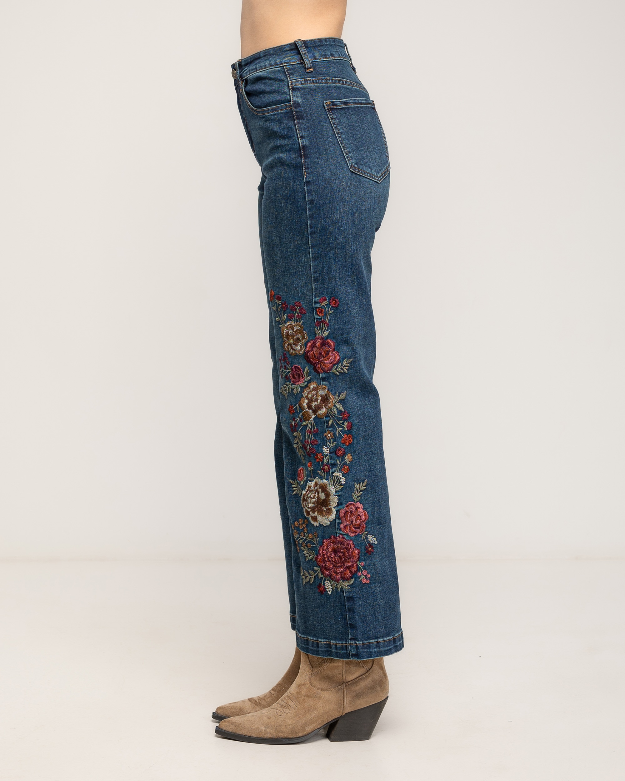Jeans rectos de mujer de tiro alto con bordados de flores en los laterales - Tantra - Azul denim Azul denim-4