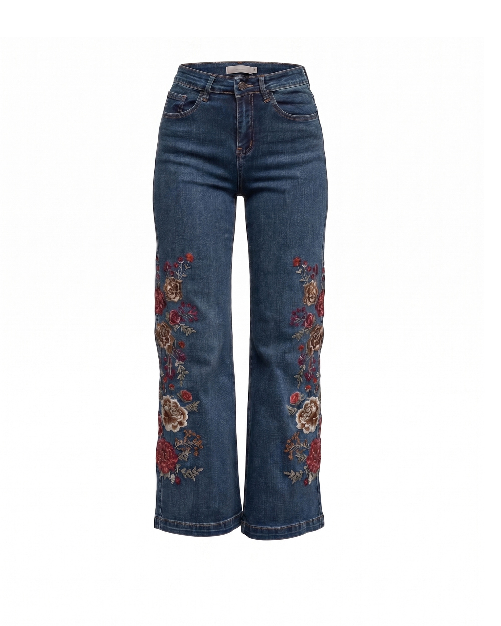 Jeans rectos de mujer de tiro alto con bordados de flores en los laterales - Tantra - Azul denim Azul denim-5