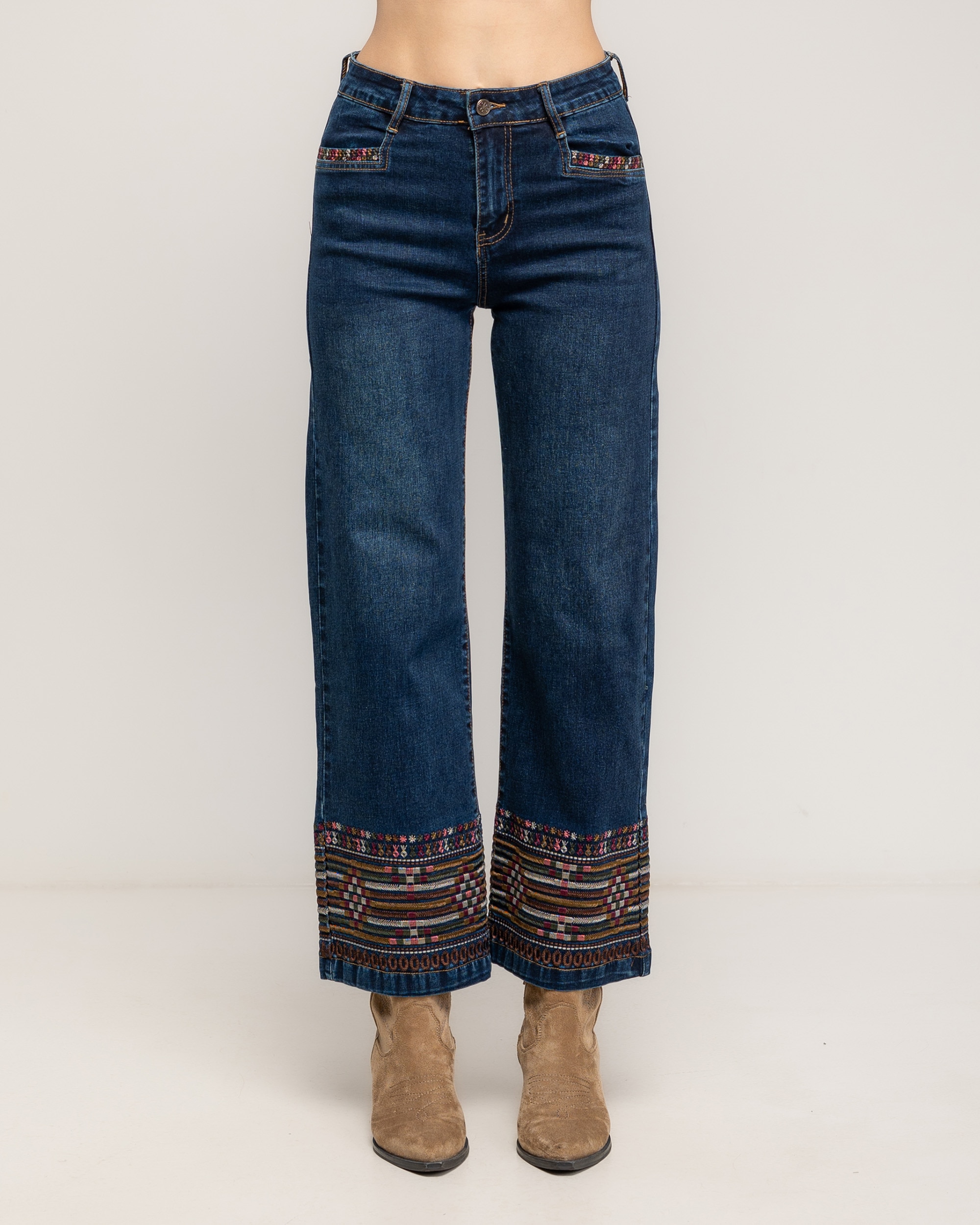 Jeans rectos de mujer de tiro alto con étnicos en el bajo - Tantra - Azul denim Azul denim-2