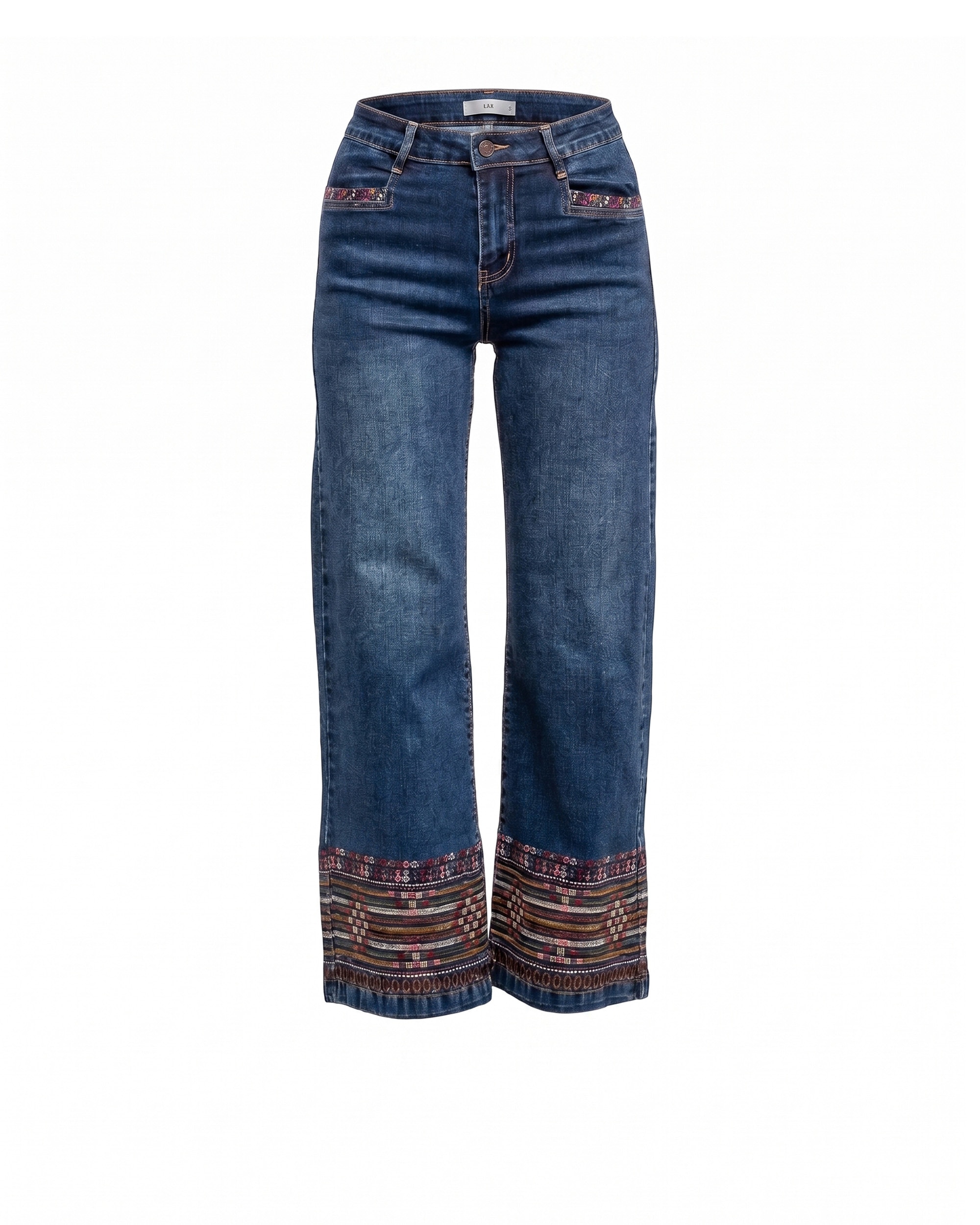 Jeans rectos de mujer de tiro alto con étnicos en el bajo - Tantra - Azul denim Azul denim-5