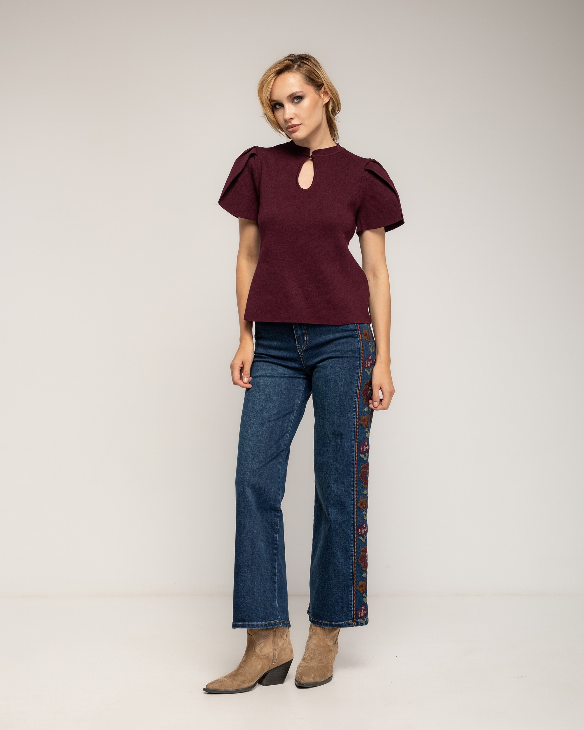 Jeans rectos de mujer de tiro alto con bordado de punto de cruz en los laterales - Tantra - Azul denim Azul denim-1