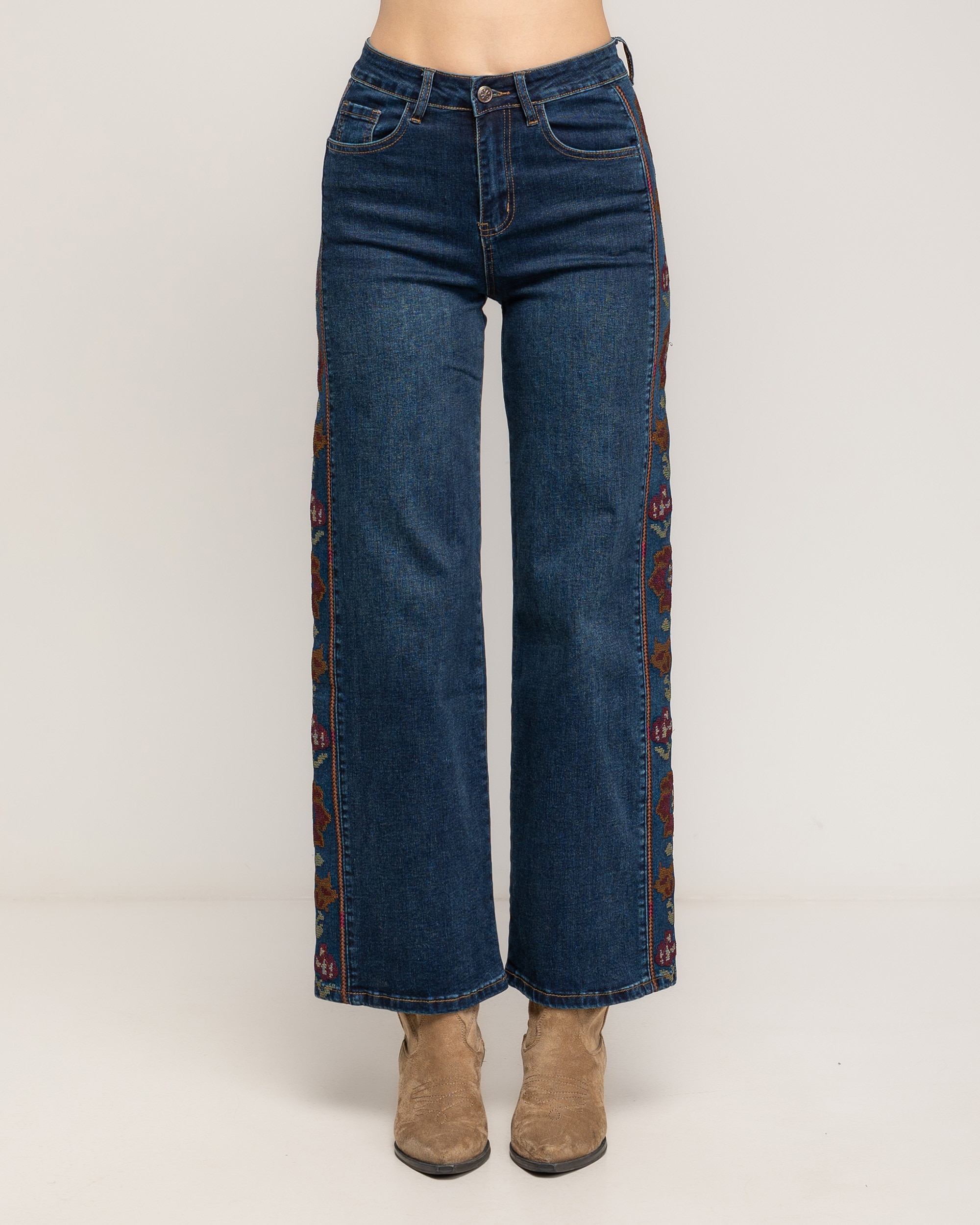 Jeans rectos de mujer de tiro alto con bordado de punto de cruz en los laterales - Tantra - Azul denim Azul denim-2