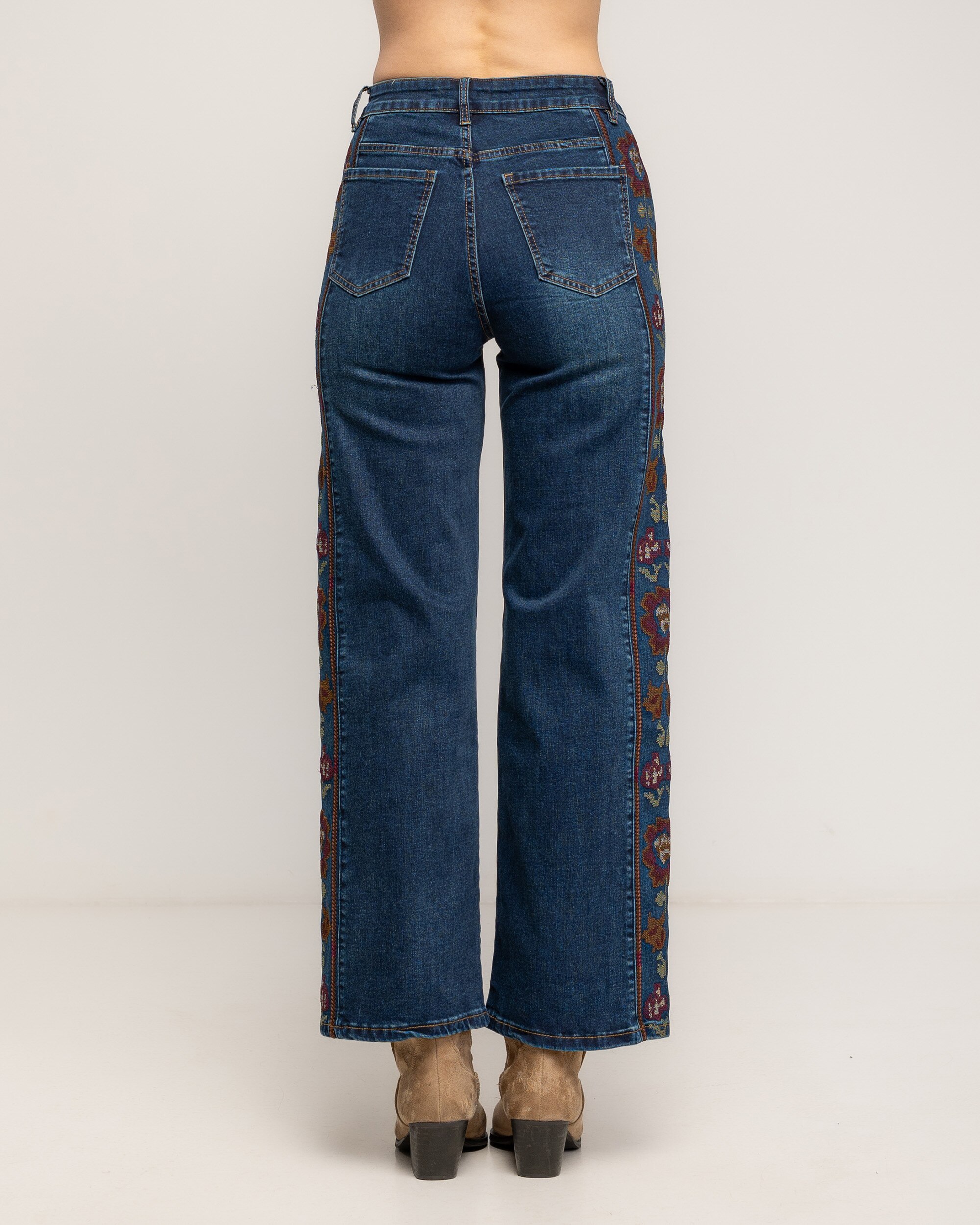 Jeans rectos de mujer de tiro alto con bordado de punto de cruz en los laterales - Tantra - Azul denim Azul denim-3