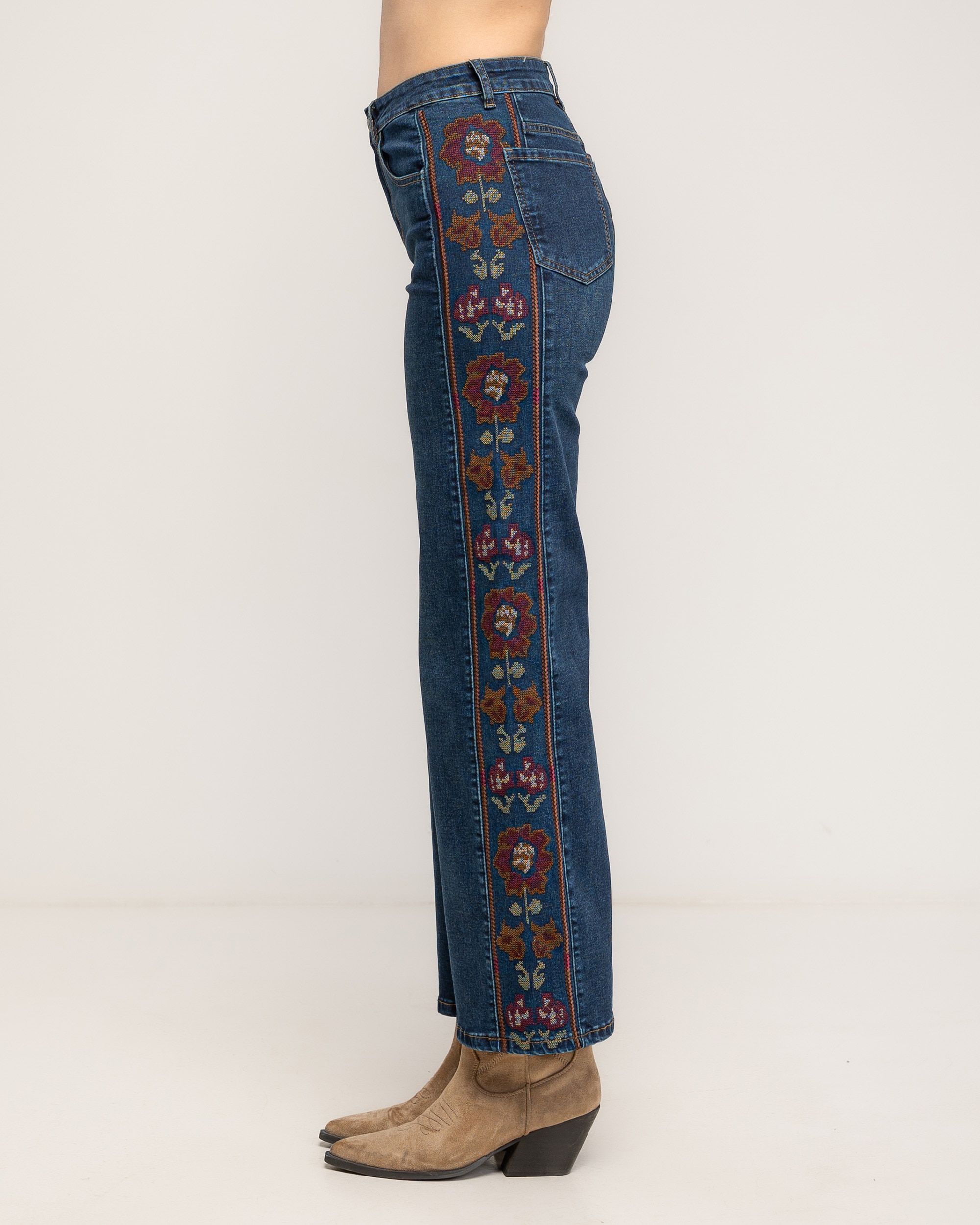 Jeans rectos de mujer de tiro alto con bordado de punto de cruz en los laterales - Tantra - Azul denim Azul denim-4