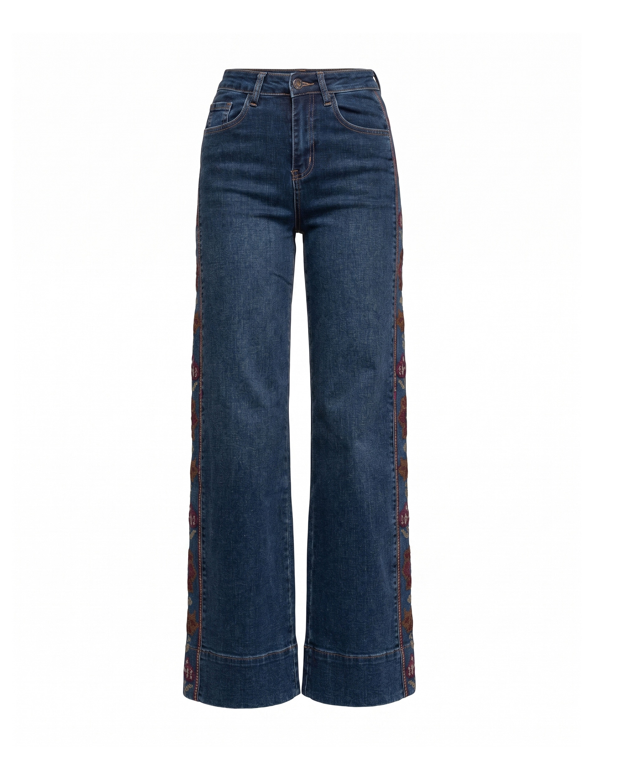 Jeans rectos de mujer de tiro alto con bordado de punto de cruz en los laterales - Tantra - Azul denim Azul denim-5