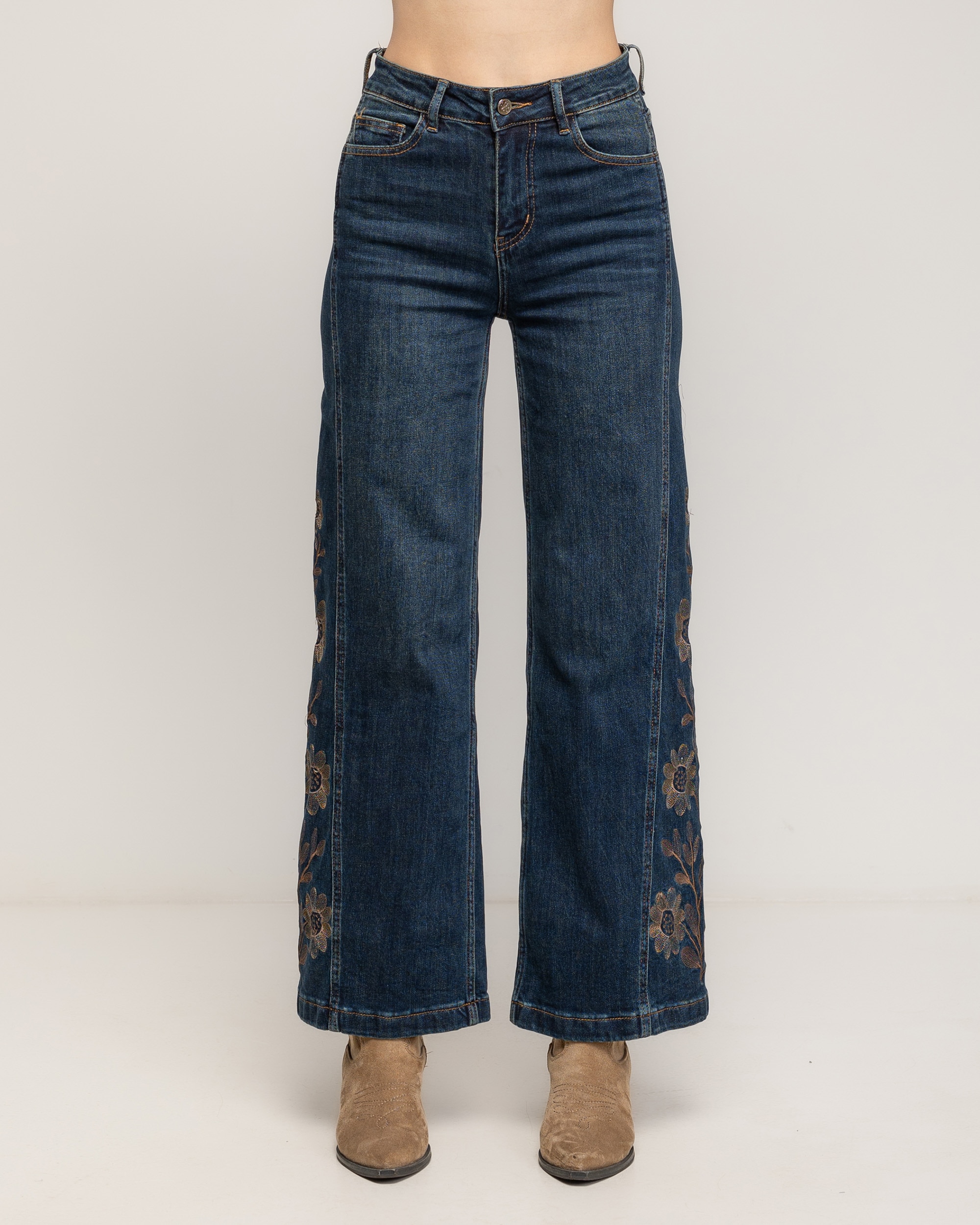 Jeans rectos de mujer de tiro alto con bordado de flores en los laterales - Tantra - Azul denim Azul denim-2
