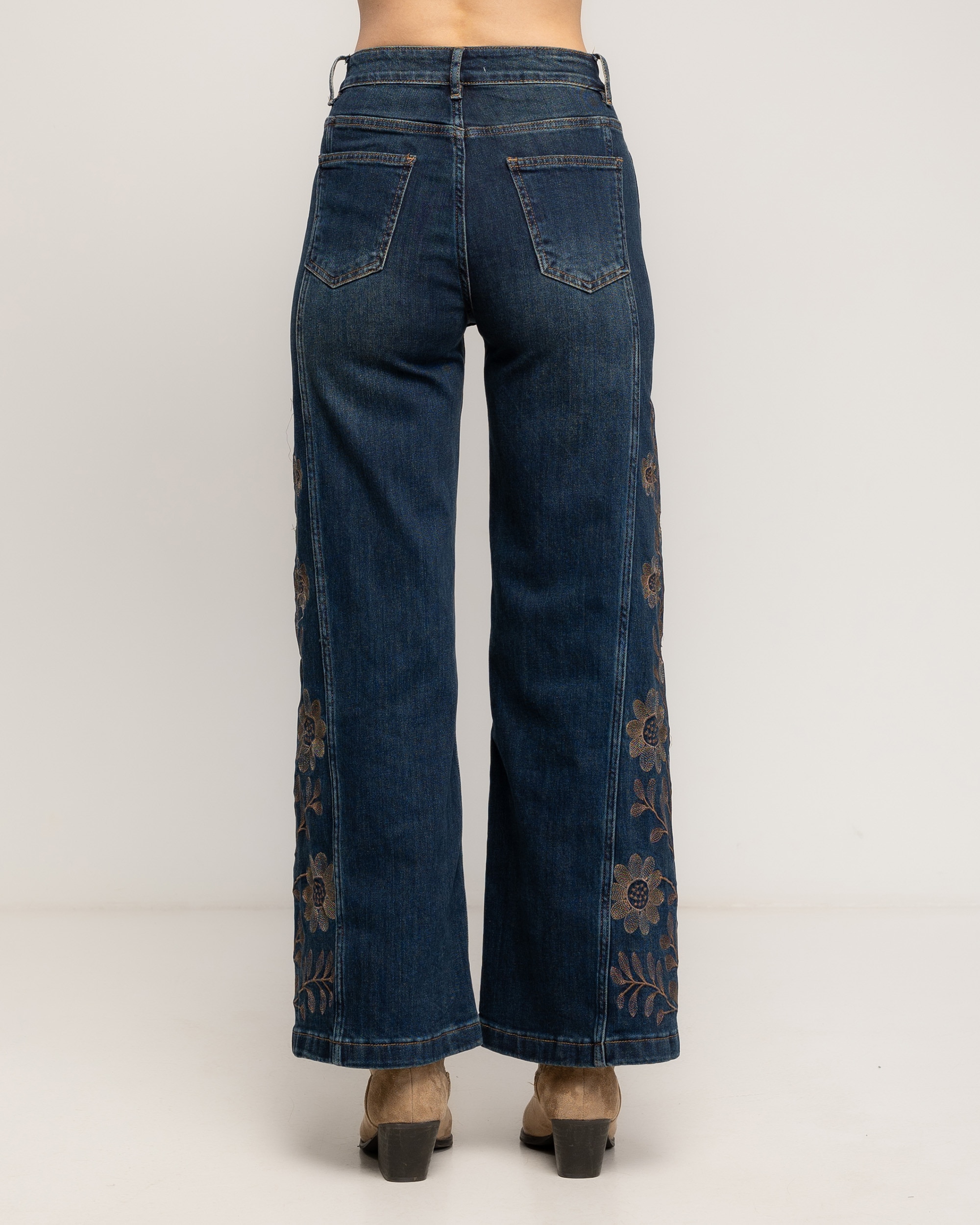 Jeans rectos de mujer de tiro alto con bordado de flores en los laterales - Tantra - Azul denim Azul denim-4