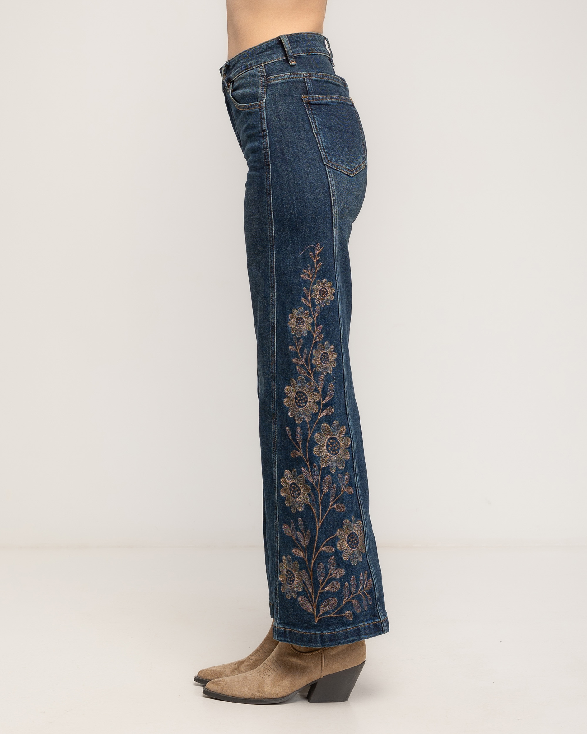 Jeans rectos de mujer de tiro alto con bordado de flores en los laterales - Tantra - Azul denim Azul denim-3