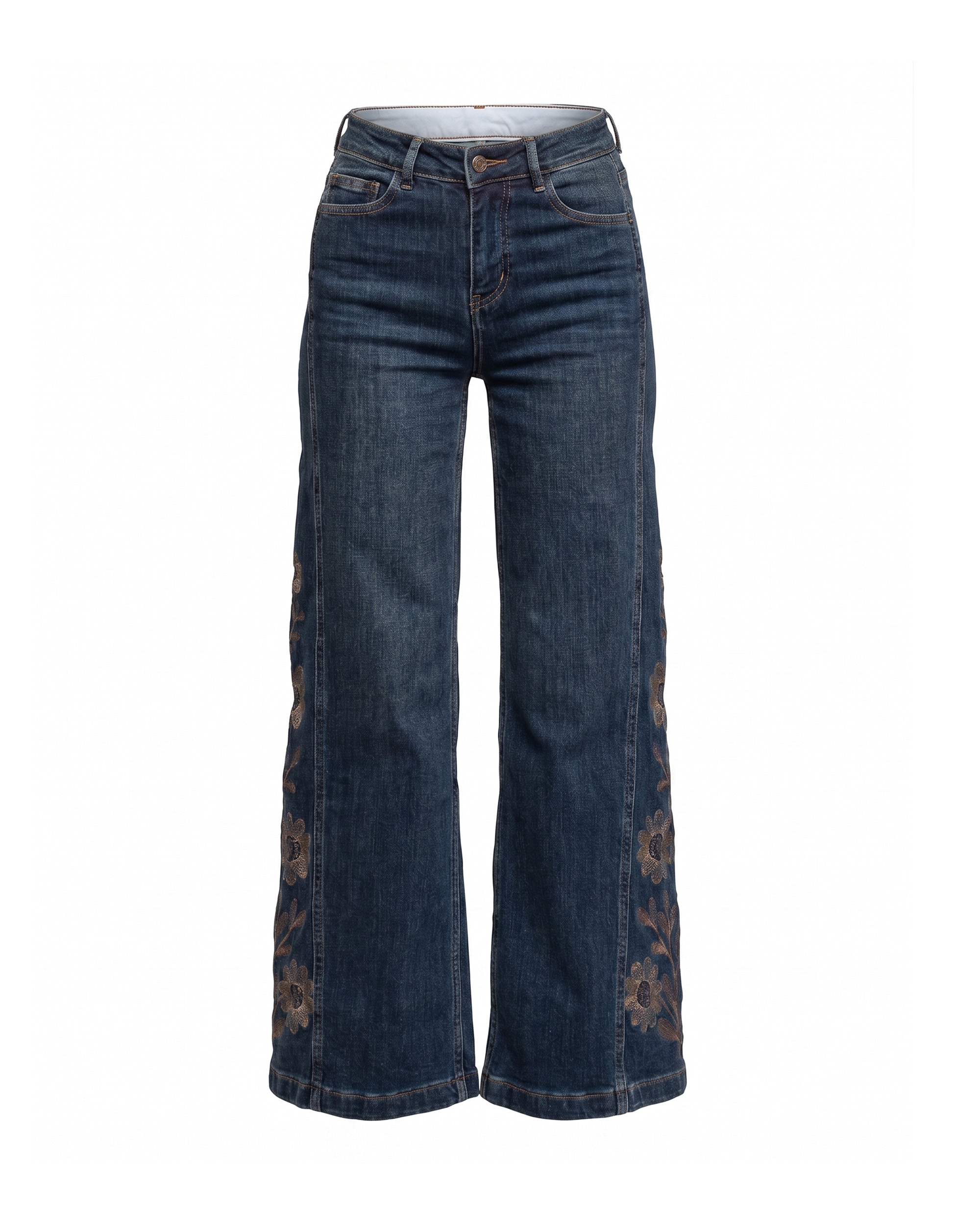 Jeans rectos de mujer de tiro alto con bordado de flores en los laterales - Tantra - Azul denim Azul denim-5