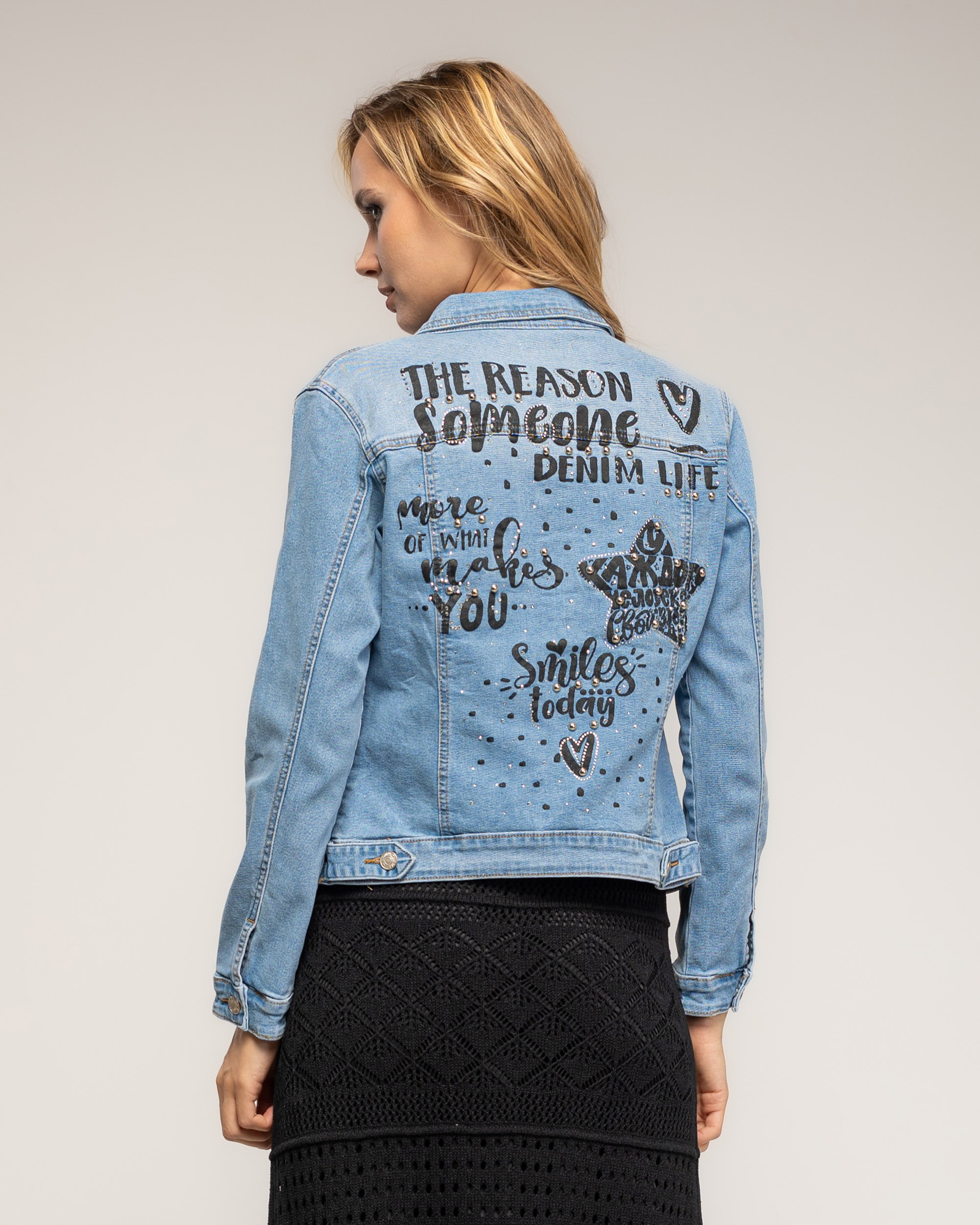 Chaqueta de mujer denim con textura en la espalda "the reason - Tantra - Azul denim Azul denim-2