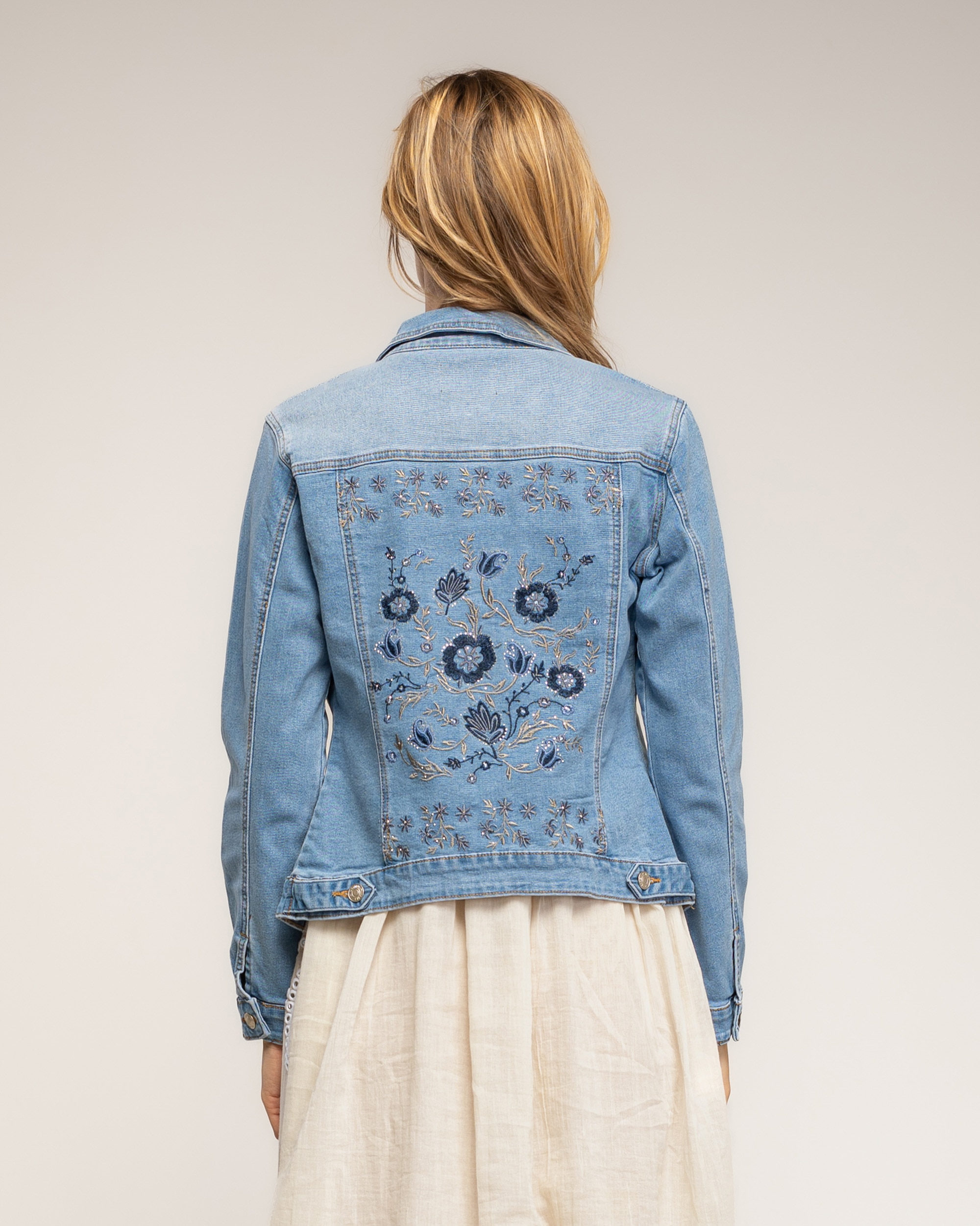 Chaqueta de mujer denim con bordados de flores en la espalda - Tantra - Azul denim Azul denim-2
