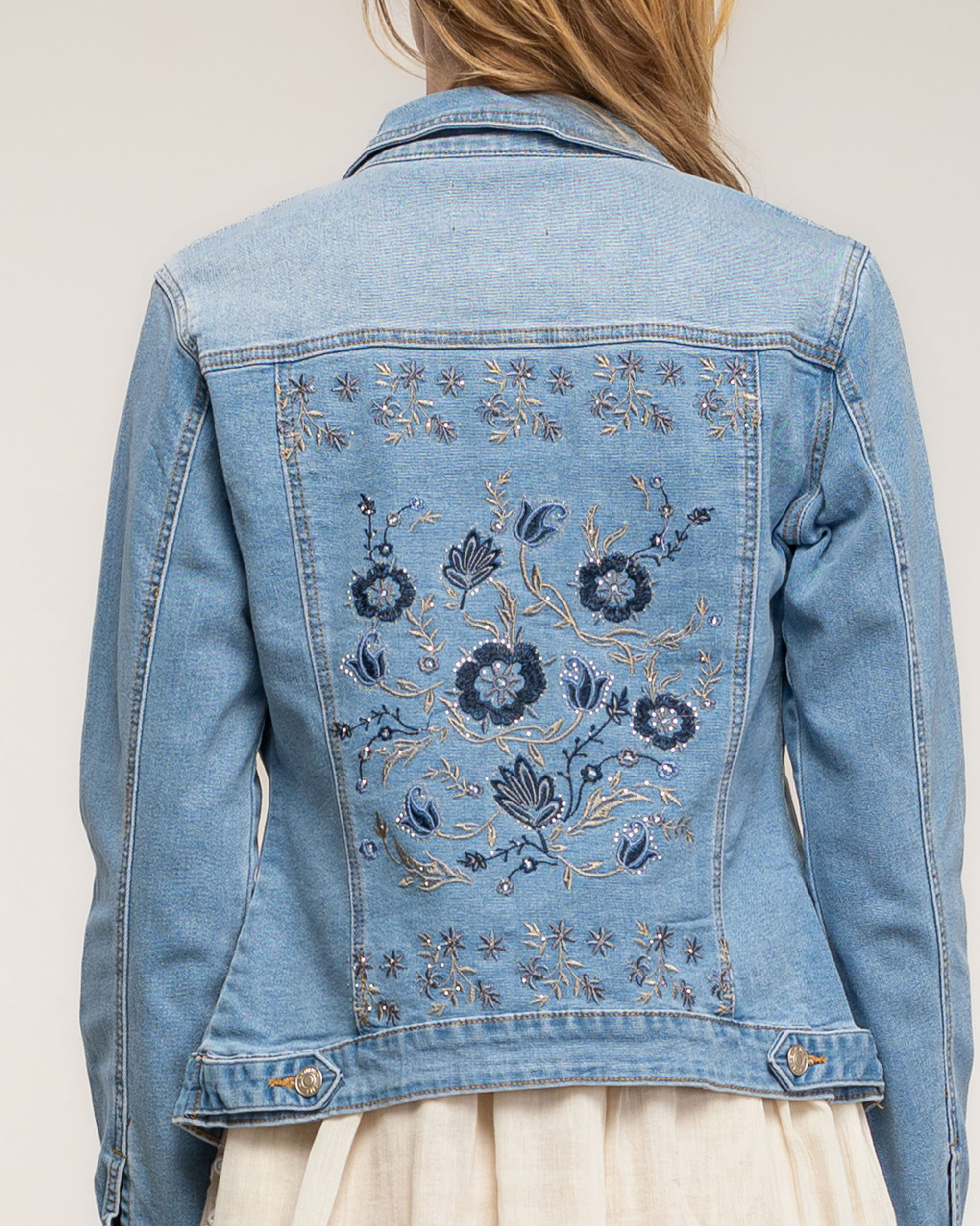 Chaqueta de mujer denim con bordados de flores en la espalda - Tantra - Azul denim Azul denim-3