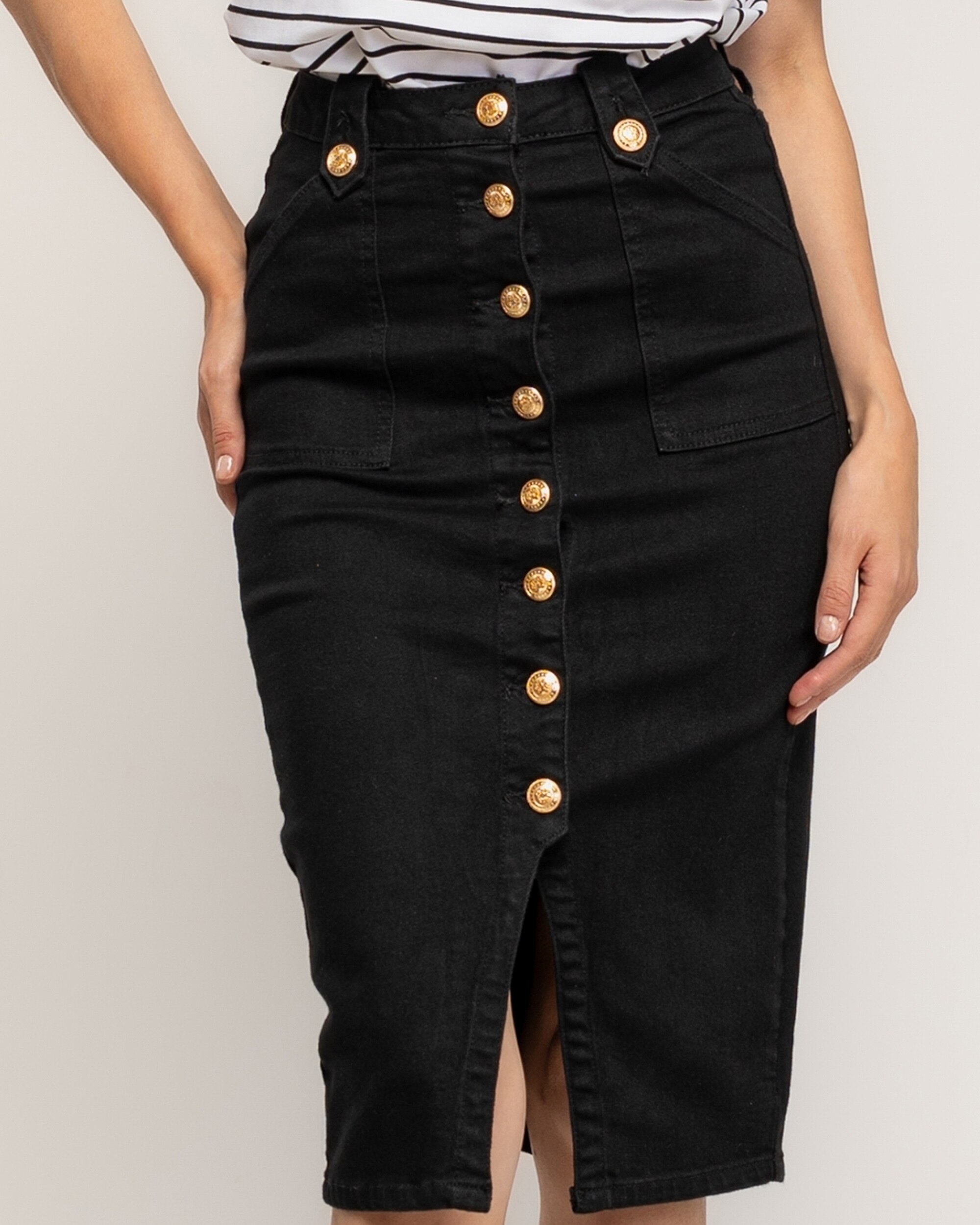 Falda denim entallada a la rodilla con cierre de botones dorados - Tantra - Negro Negro-4