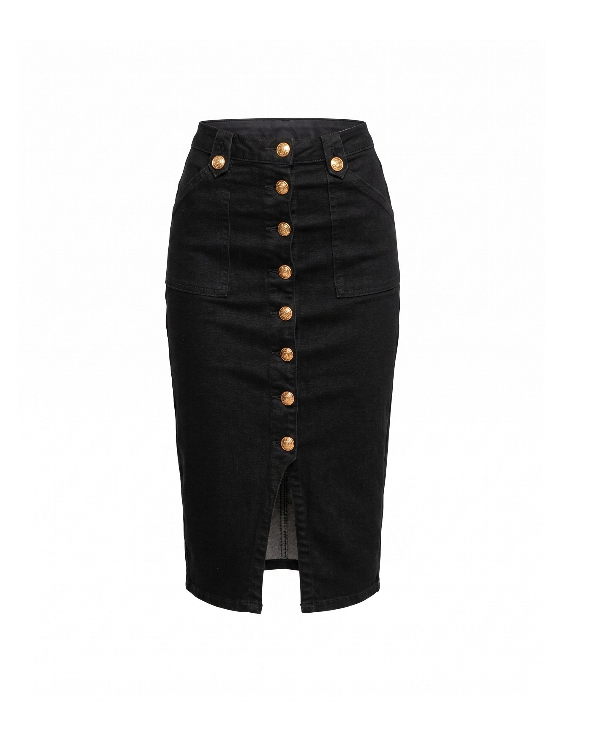 Falda denim entallada a la rodilla con cierre de botones dorados - Tantra - Negro Negro-5